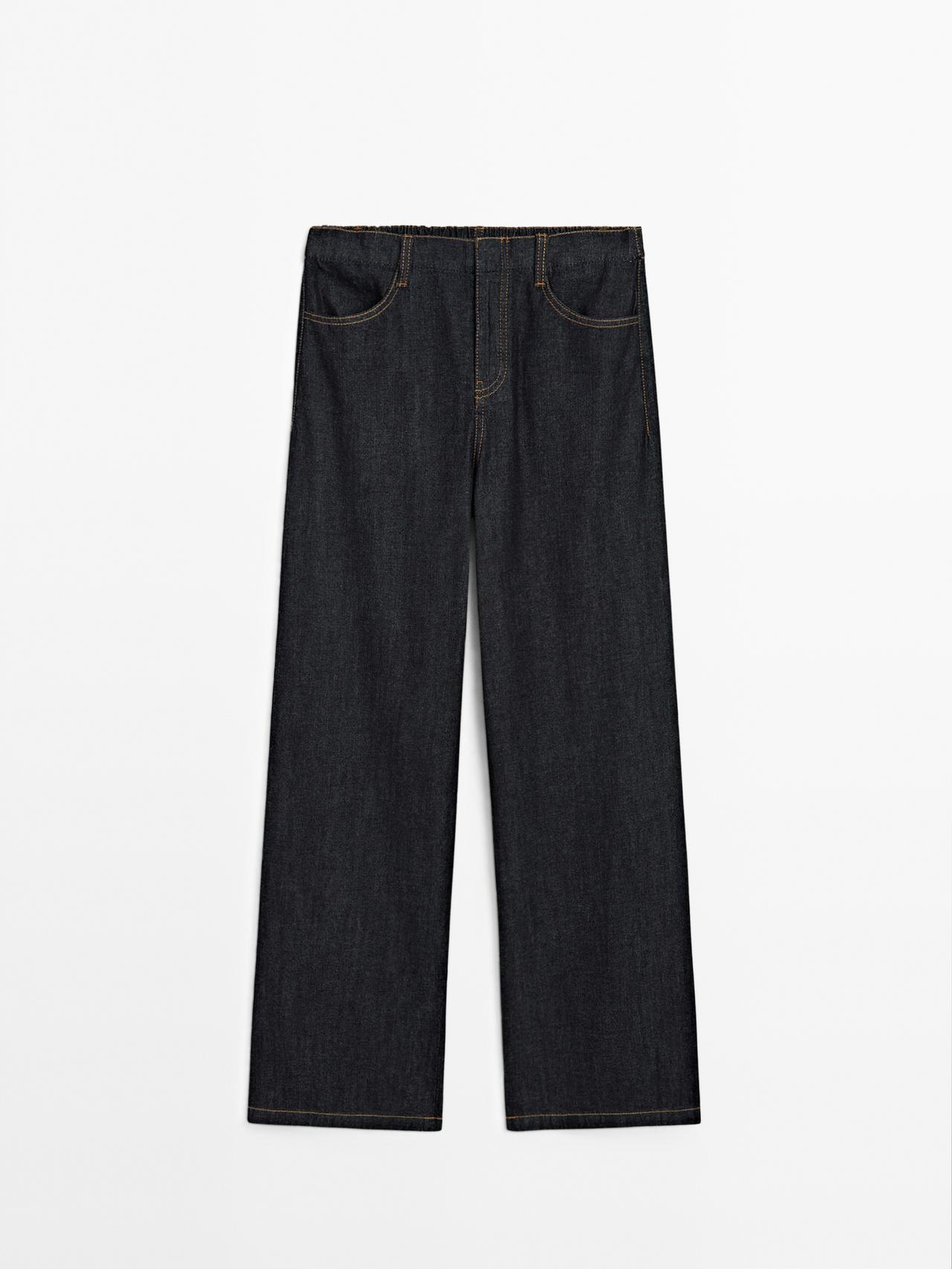 Massimo Dutti - Dame - Mid Waist Jeans I 100 % Bomuld Med Brede Ben - Mørkeblå - 38