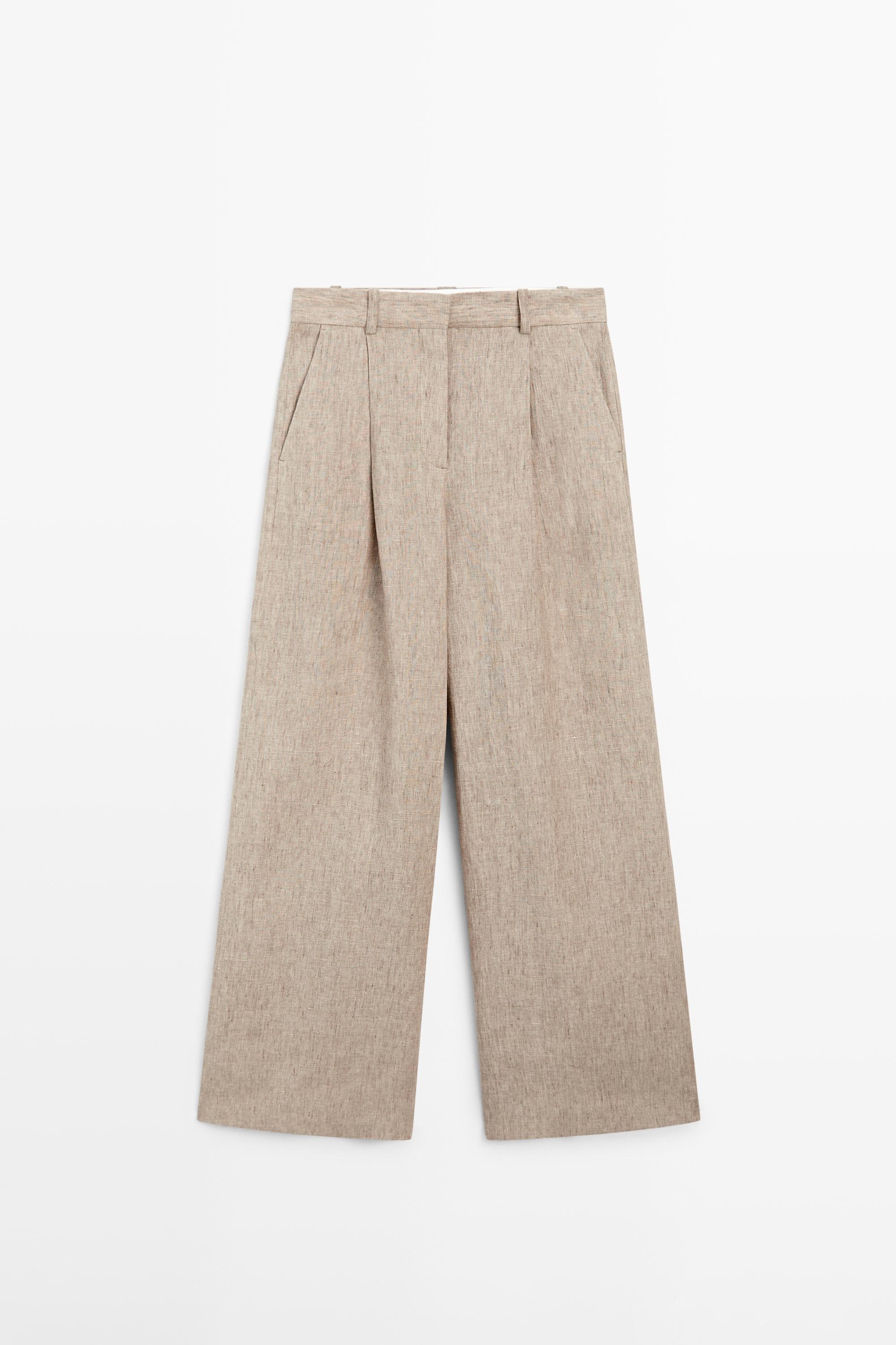 Linen melange trousers with pleated details — BEIGE