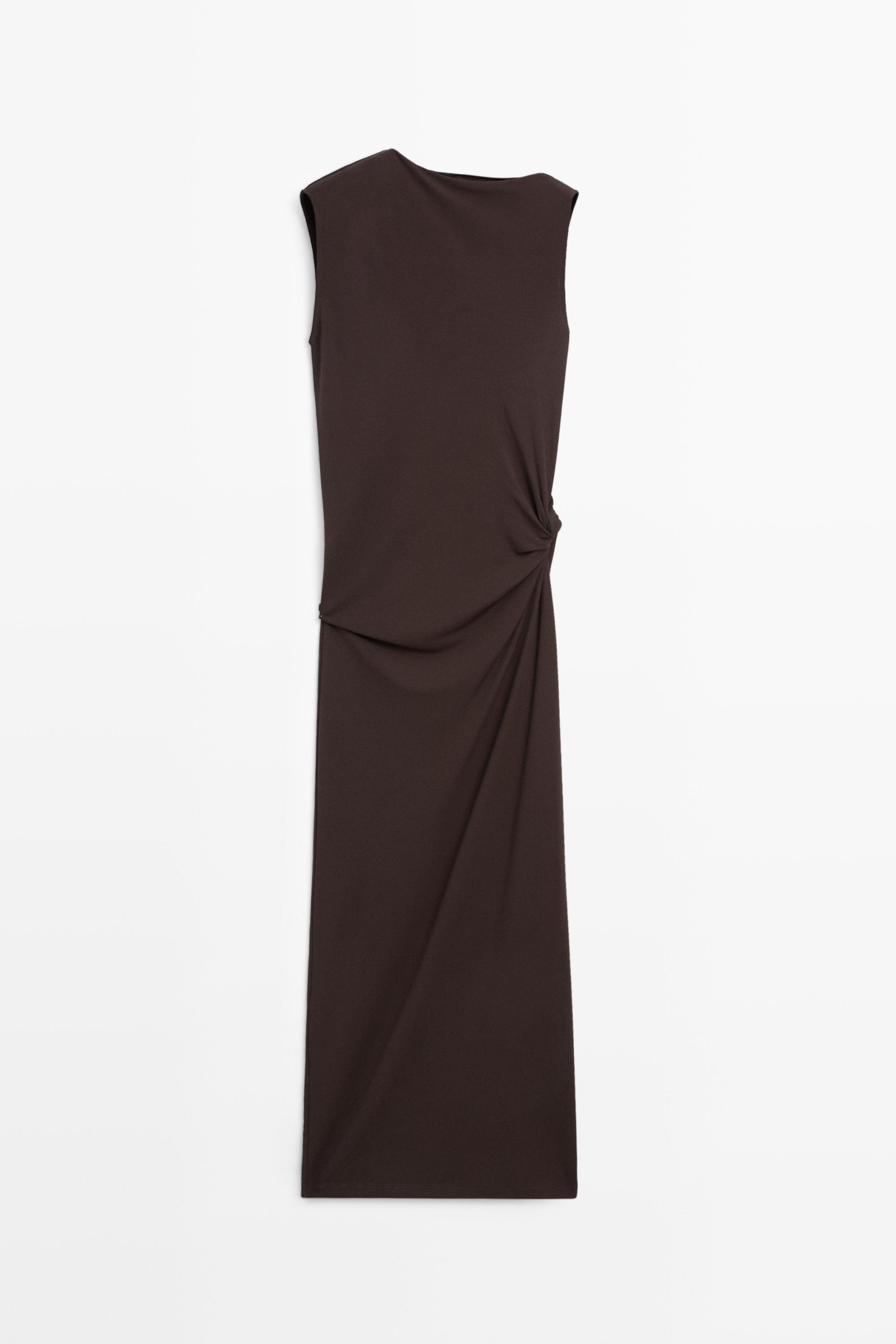 Asymmetric ruched midi dress — BROWN