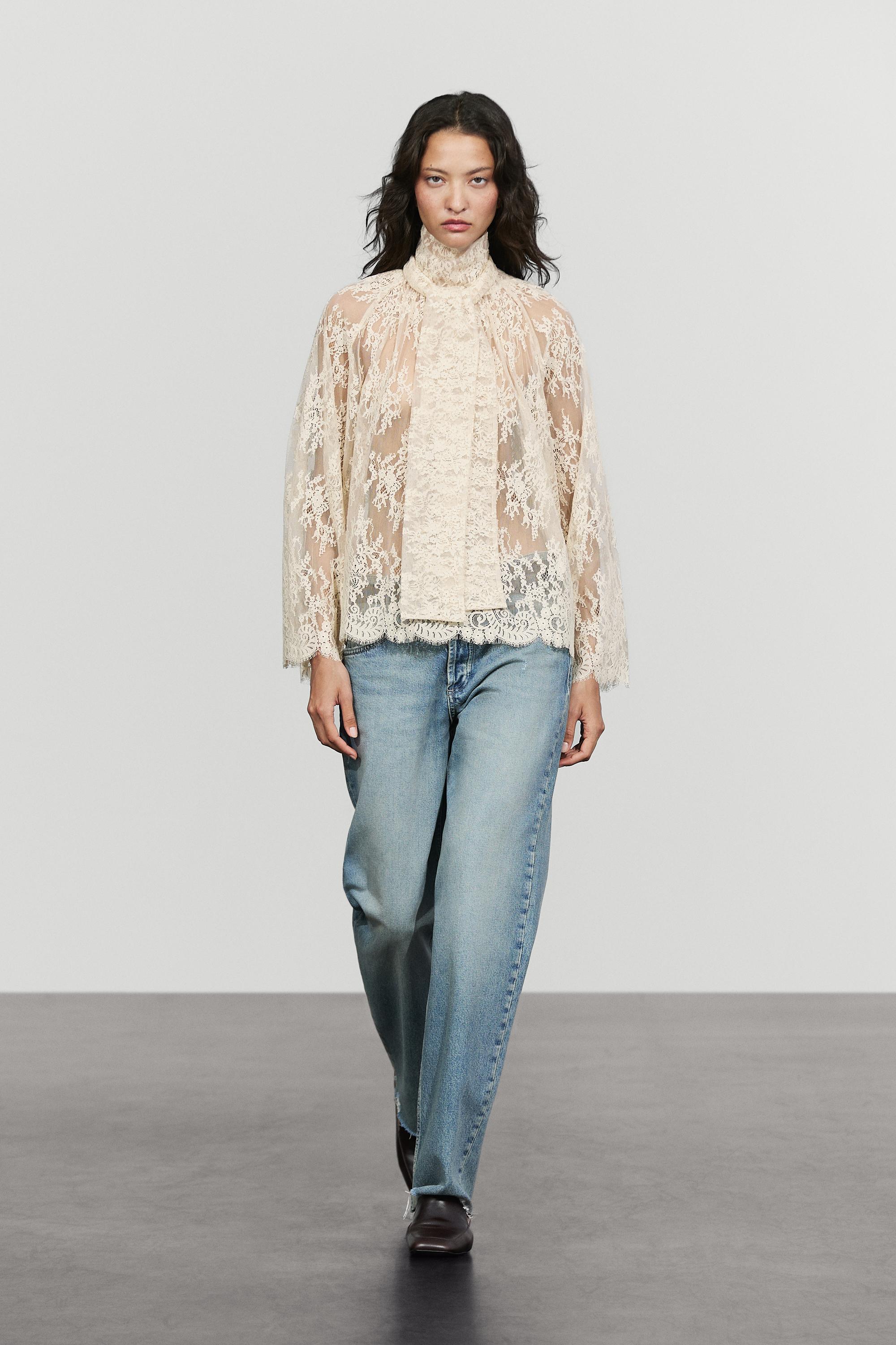 Flowing lace blouse with tie
