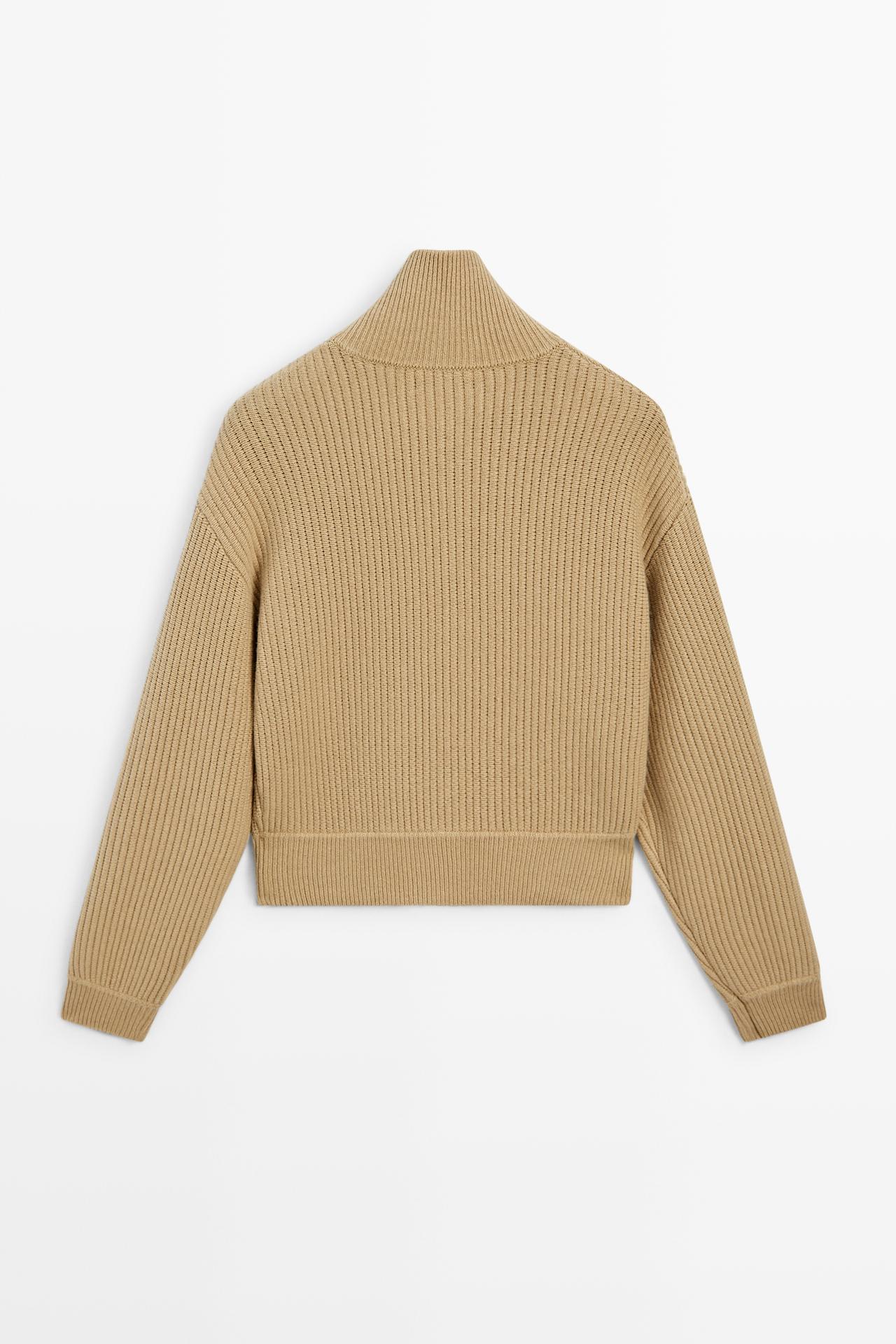 Zip-up knit cardigan with cotton — CAMEL