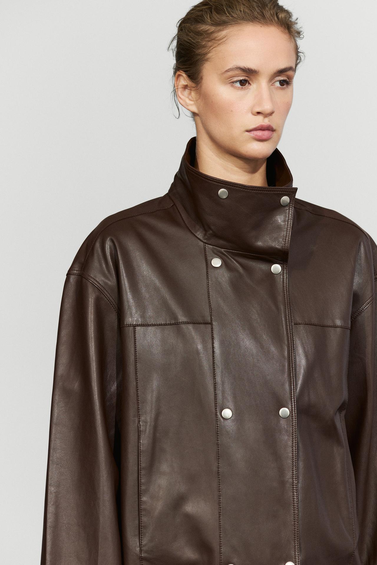Nappa leather button-placket jacket — BROWN