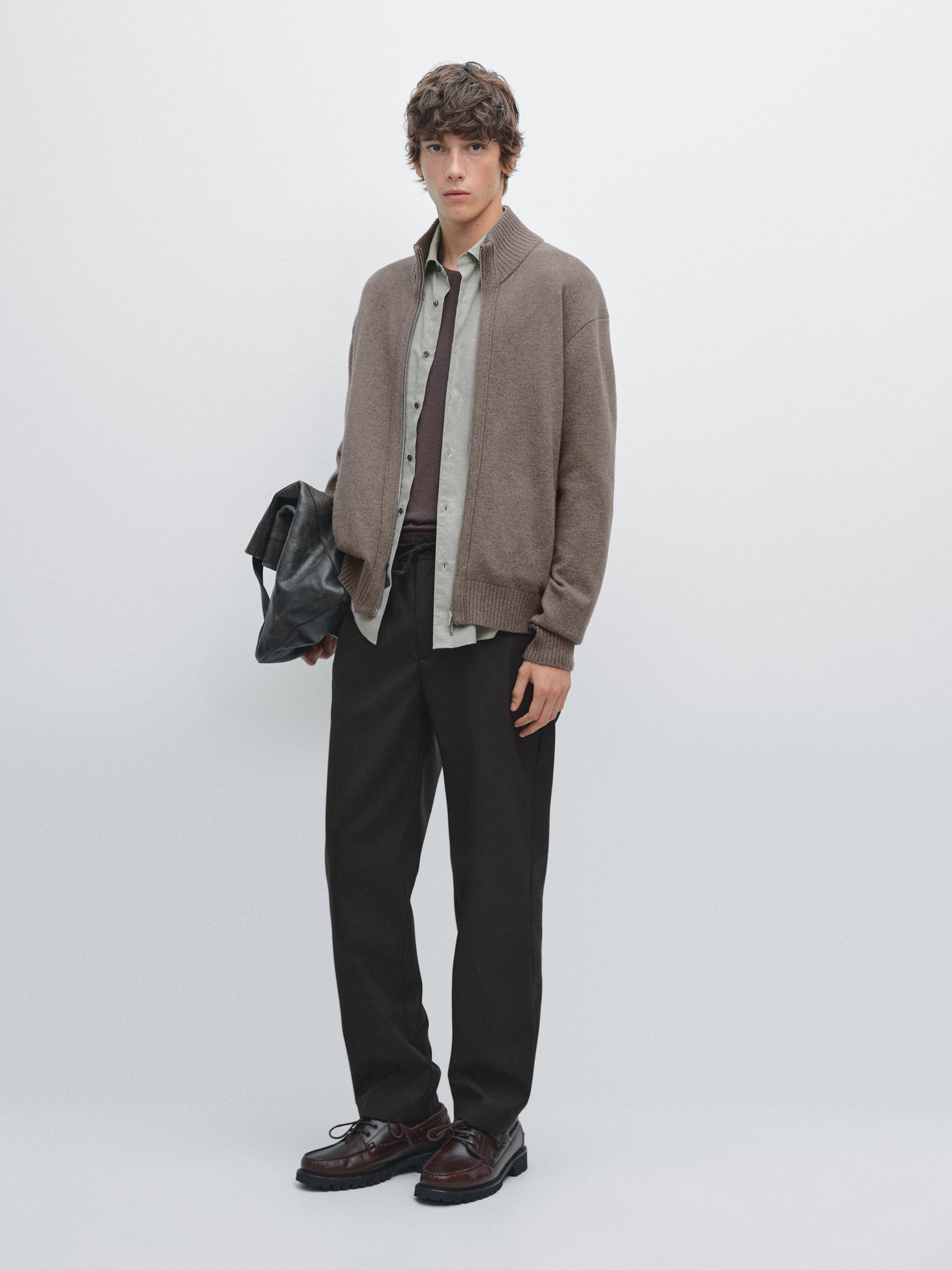 Kardigan Z Mieszanki Wełny Z Suwakiem - Khaki - M - Massimo Dutti - Mężczyzna