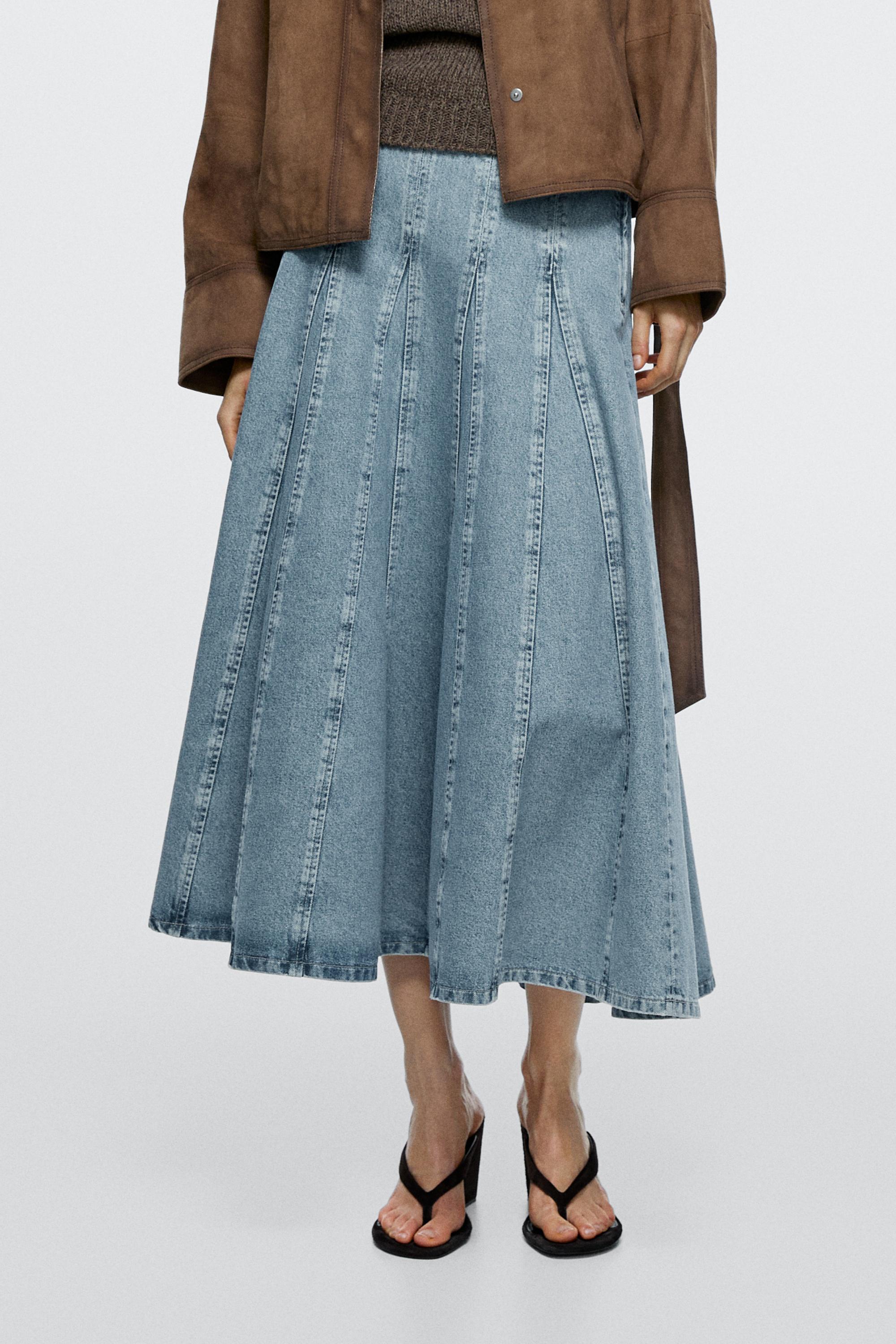 Denim godet midi skirt — Light Blue