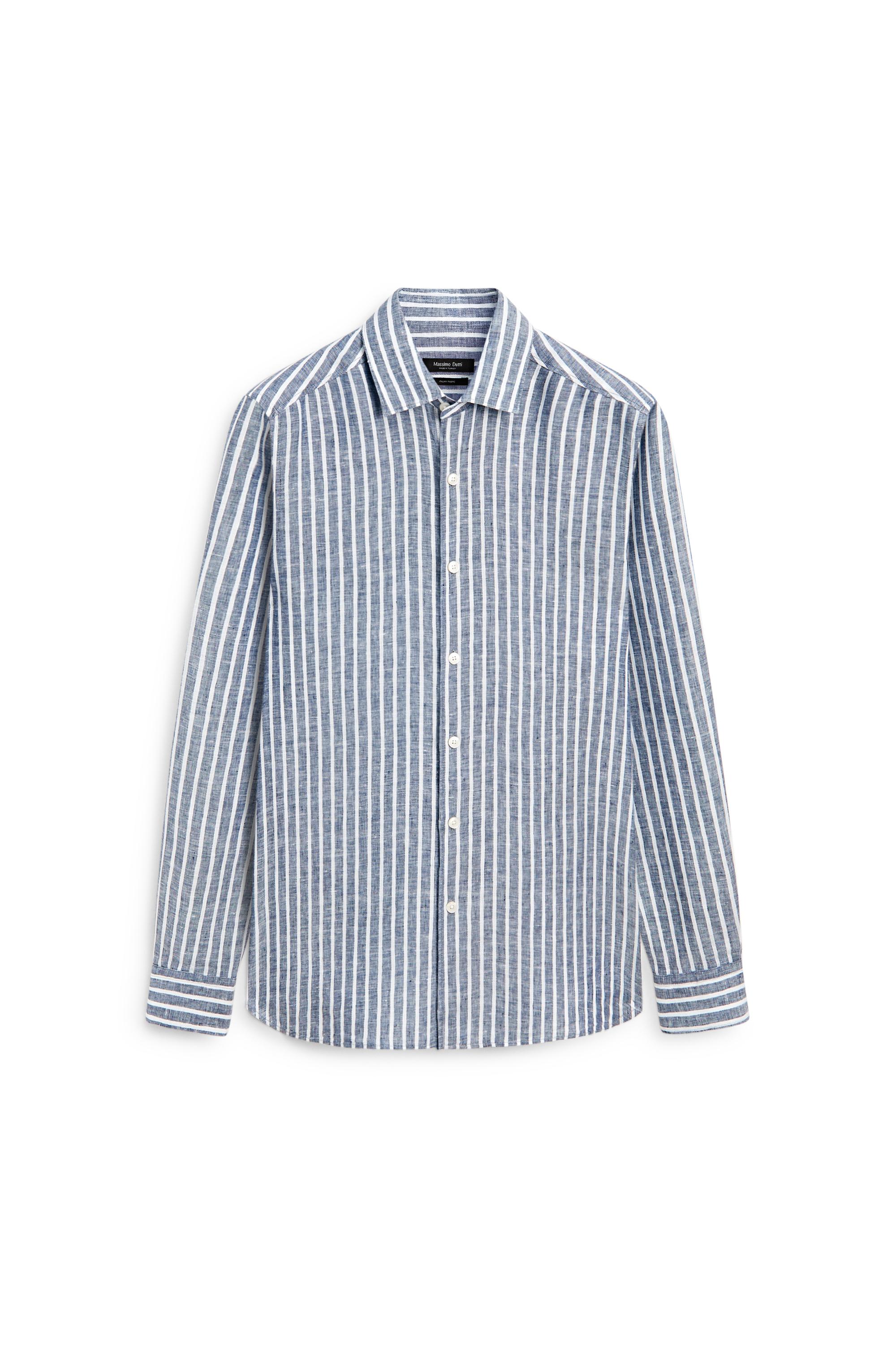 Regular fit striped 100% linen shirt — BLUE