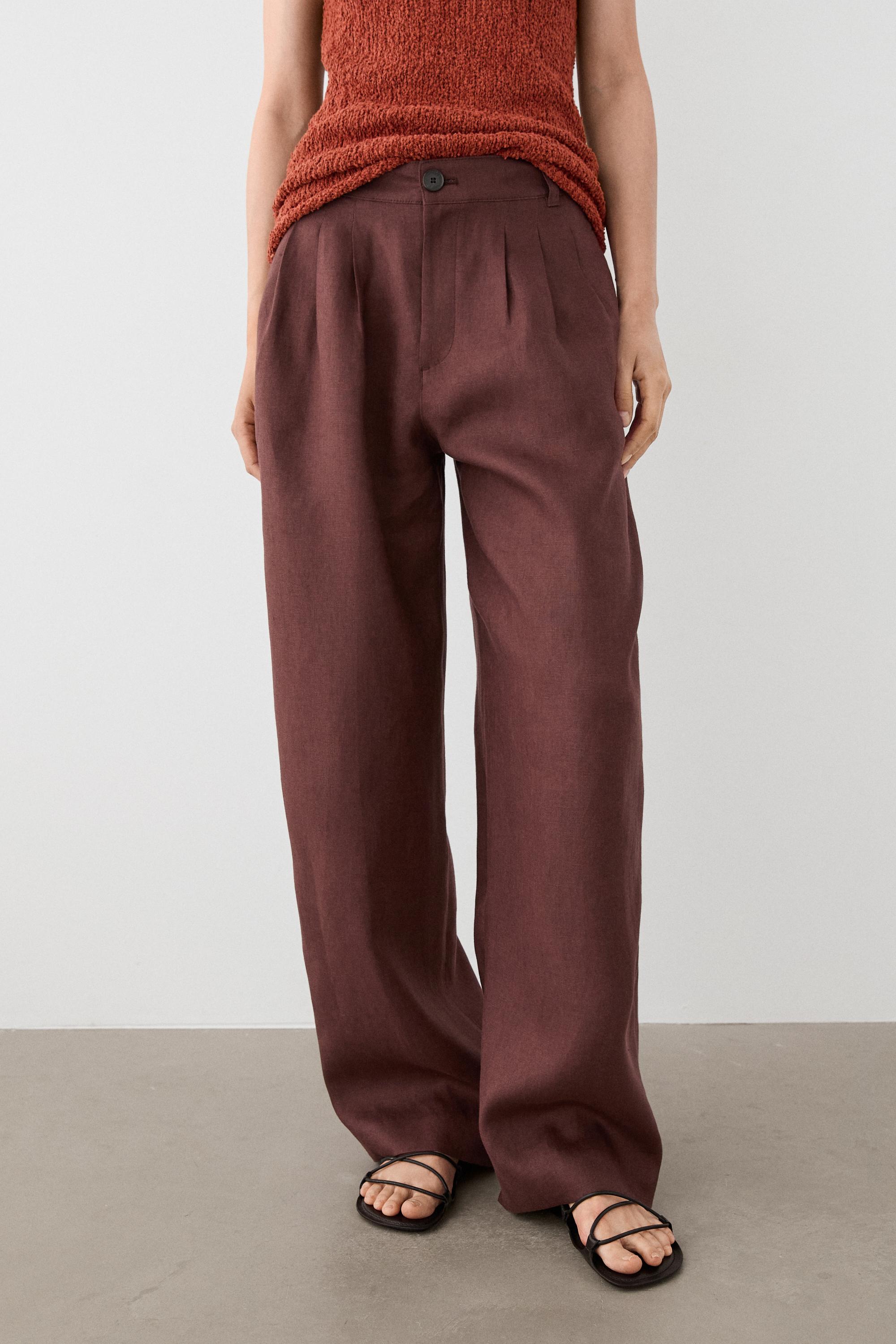 Wide-leg pleated linen trousers — TERRA COTA
