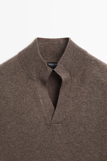 100% cashmere mock V-neck knit sweater — MOCHA 9