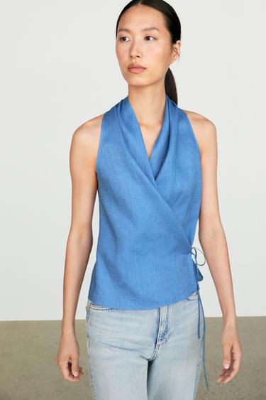 100% linen crossover halter top — Dark Blue 3