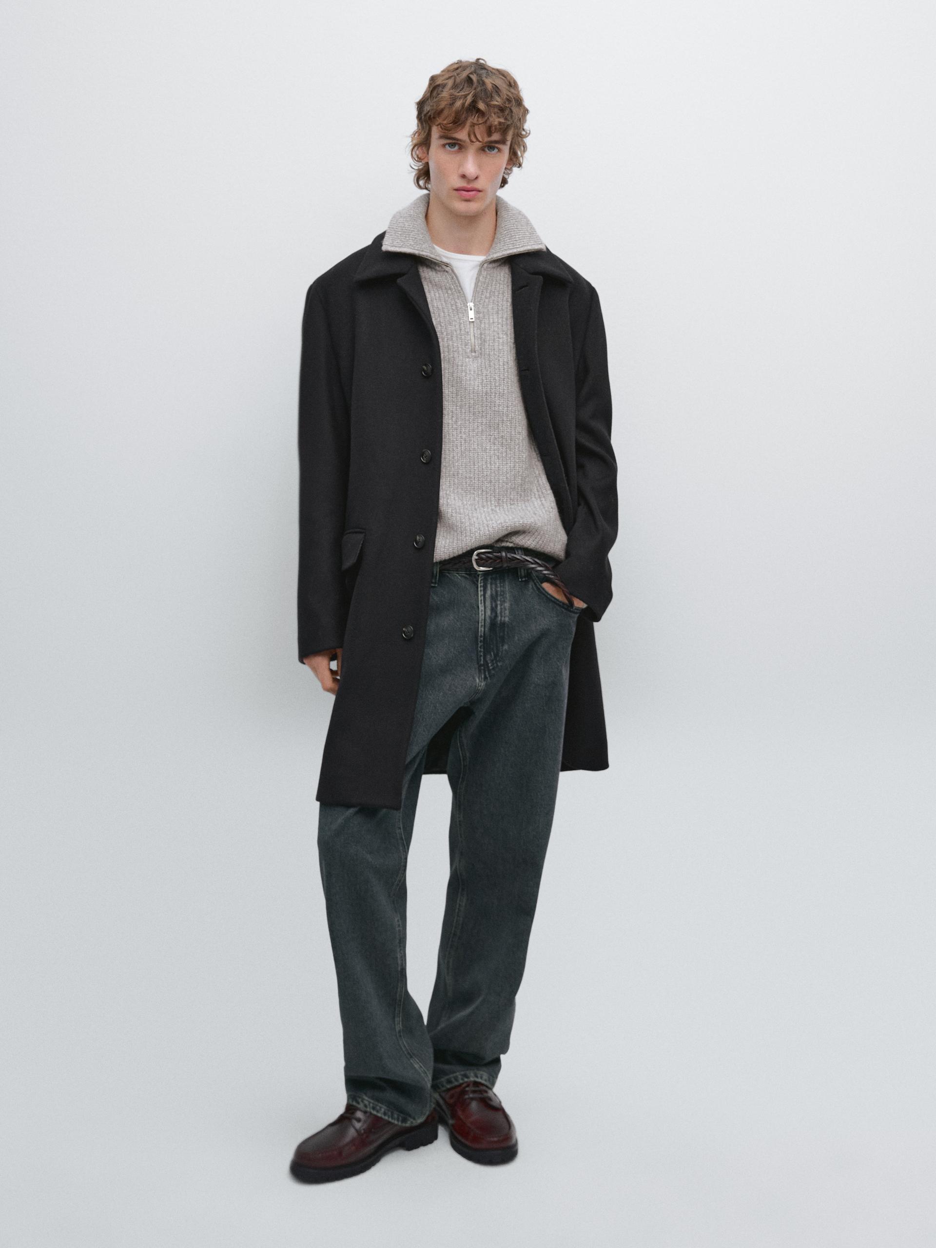 Manteau Long En Laine Mélangée - Bleu Marine - M - Massimo Dutti - Homme