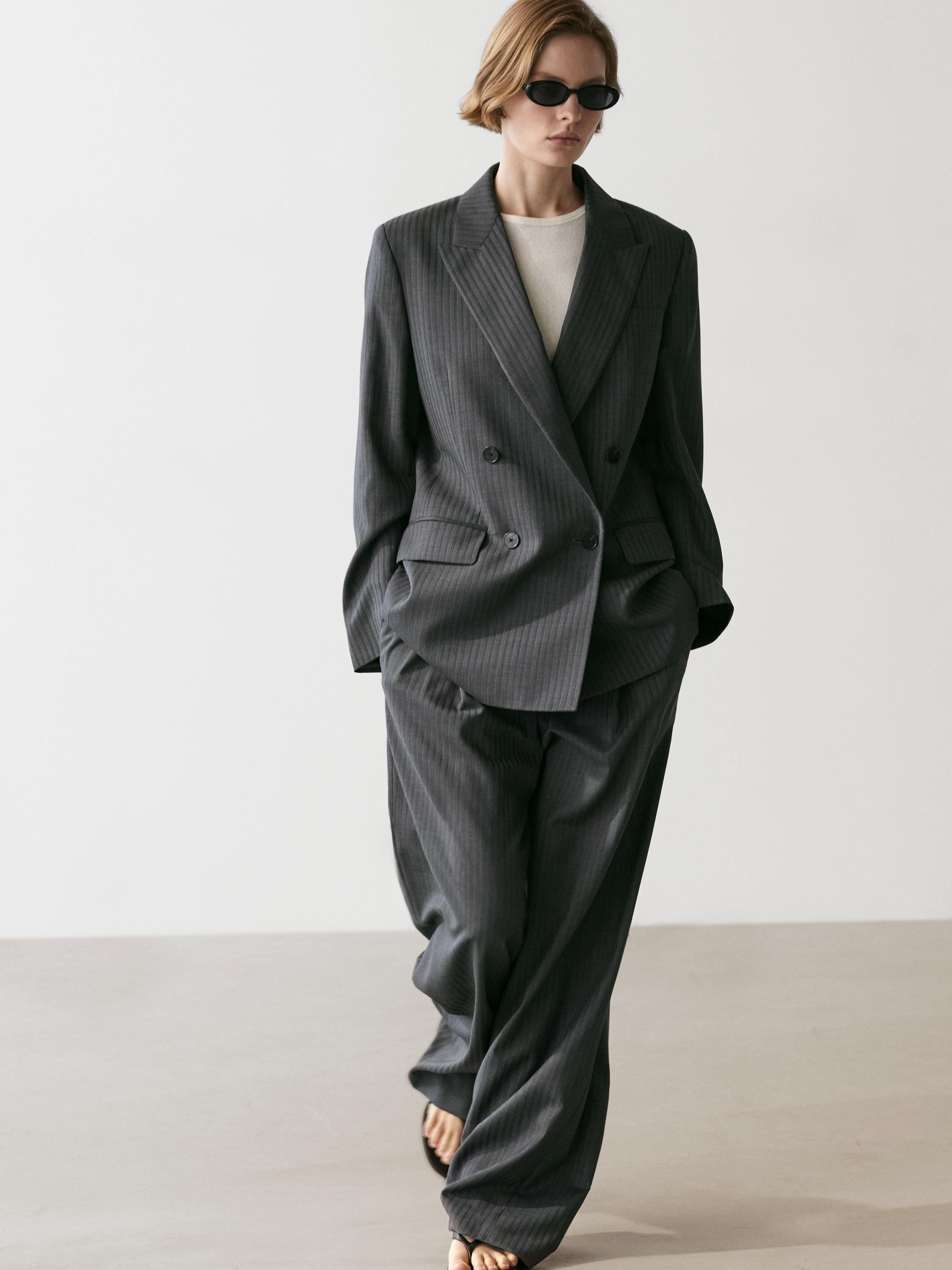 Pinstripe cool wool blend suit blazer — GREY