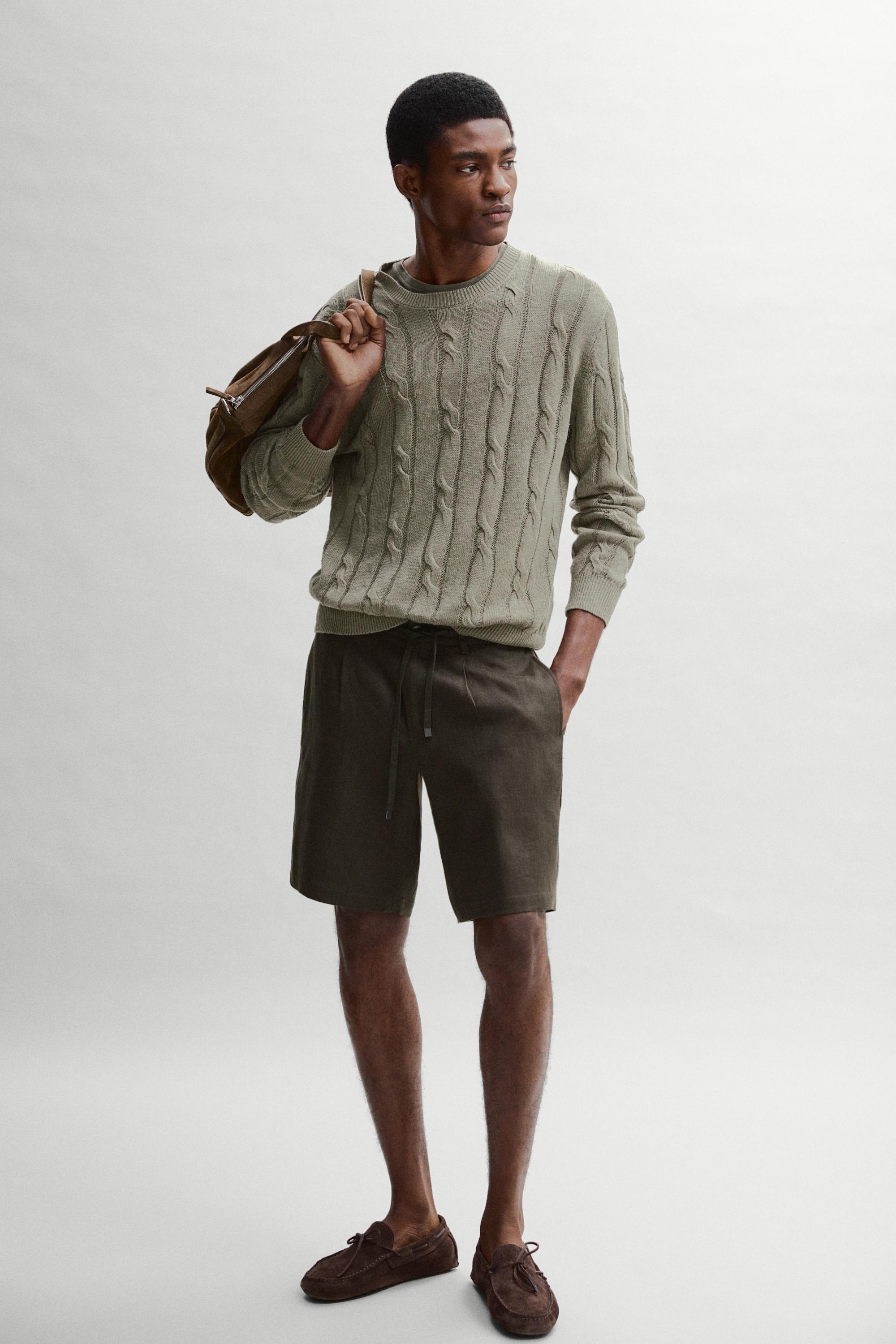 100% linen cable-knit sweater — PALE KHAKI