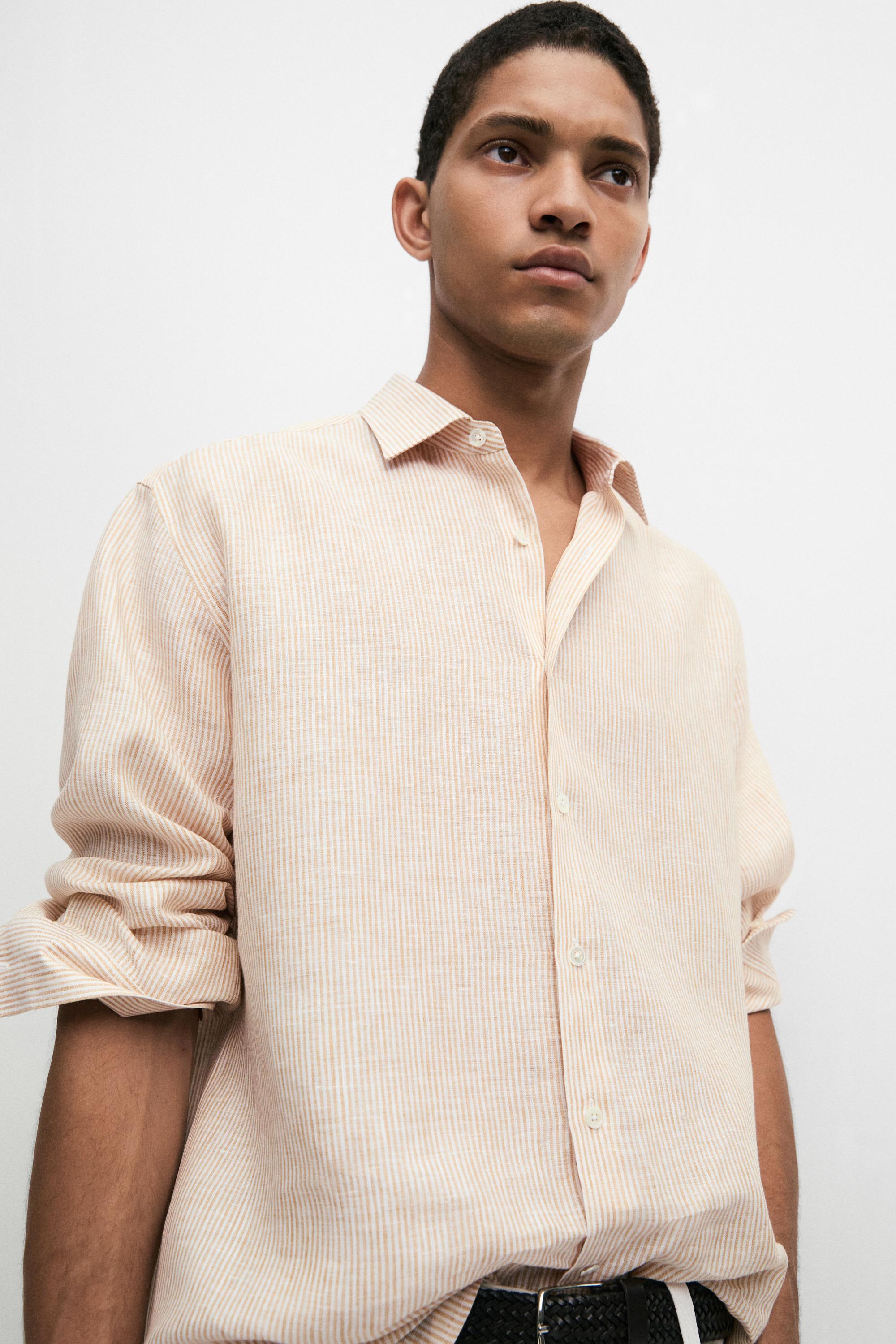 100% linen regular fit striped shirt — Light Beige