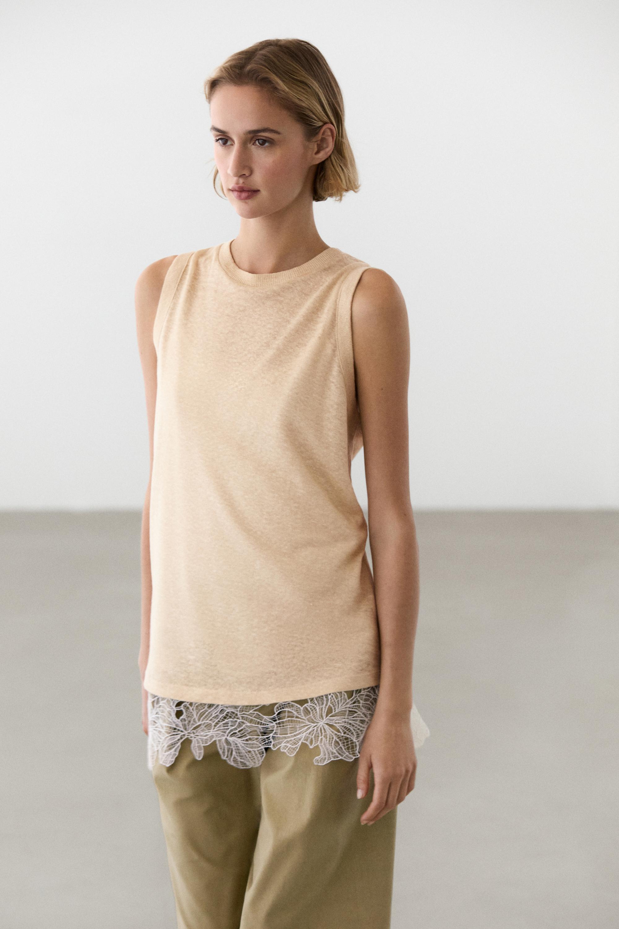 Sleeveless top with lace detail — Washed