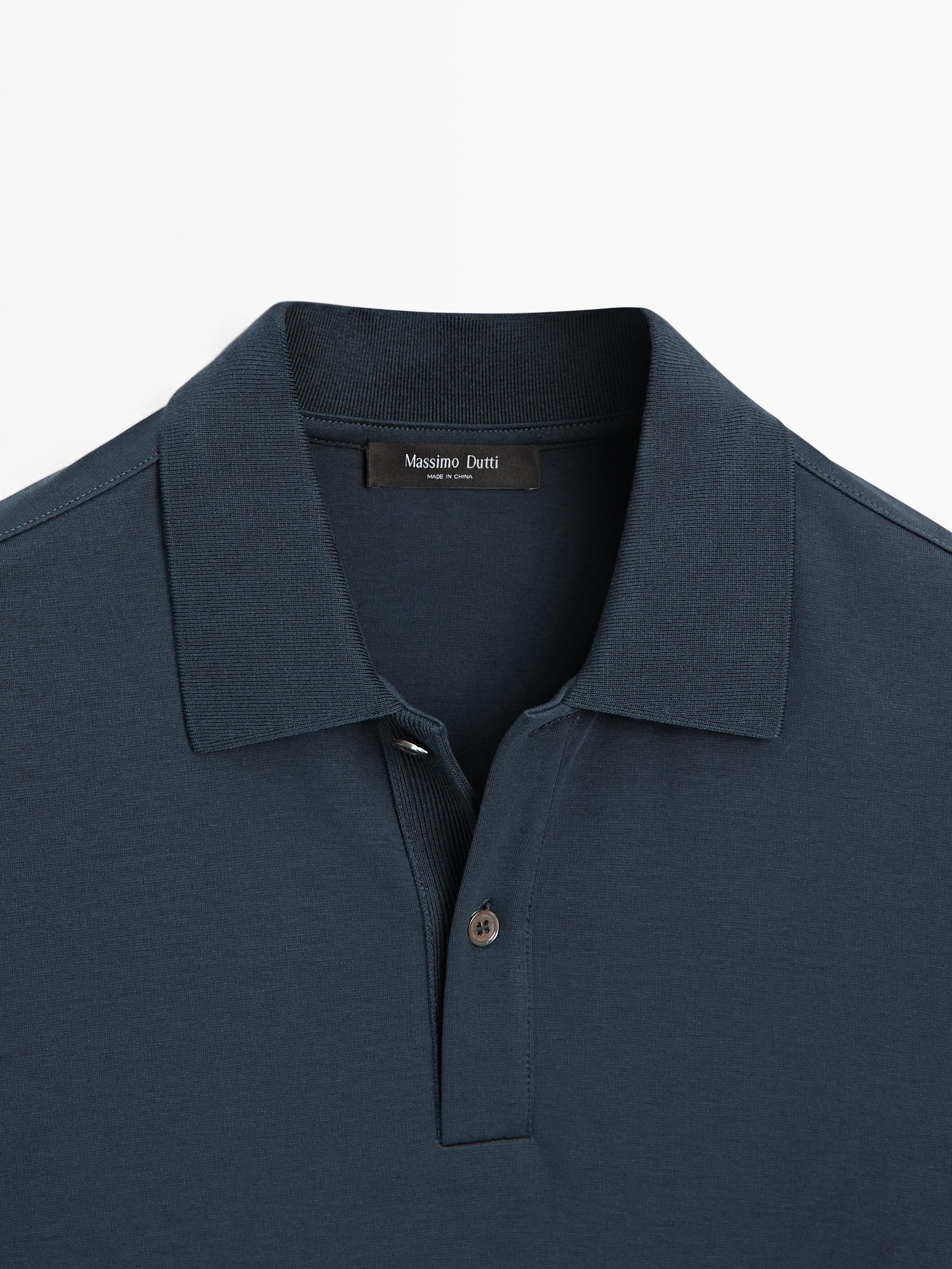 Long sleeve polo shirt with ribbed detail — NAVY BLUE