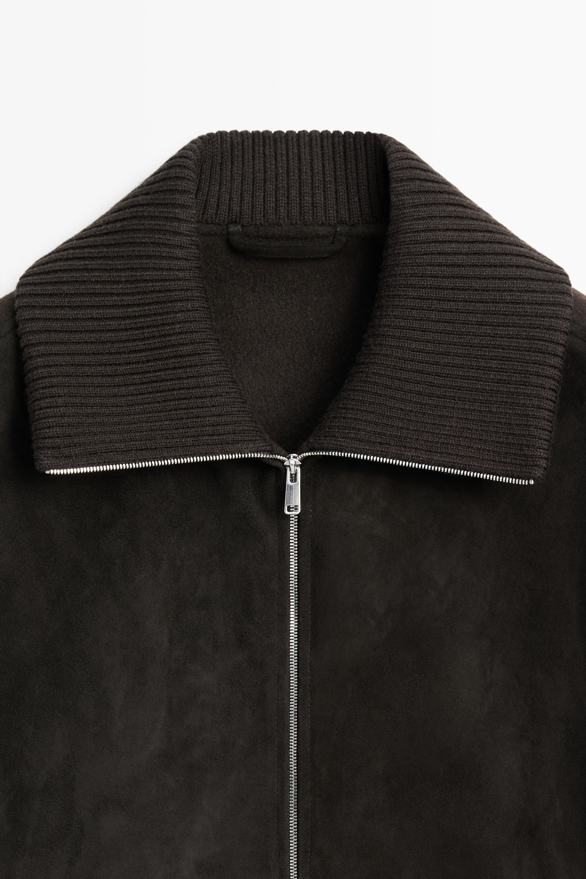 Mixed double-knit and goatskin suede cardigan — BROWN