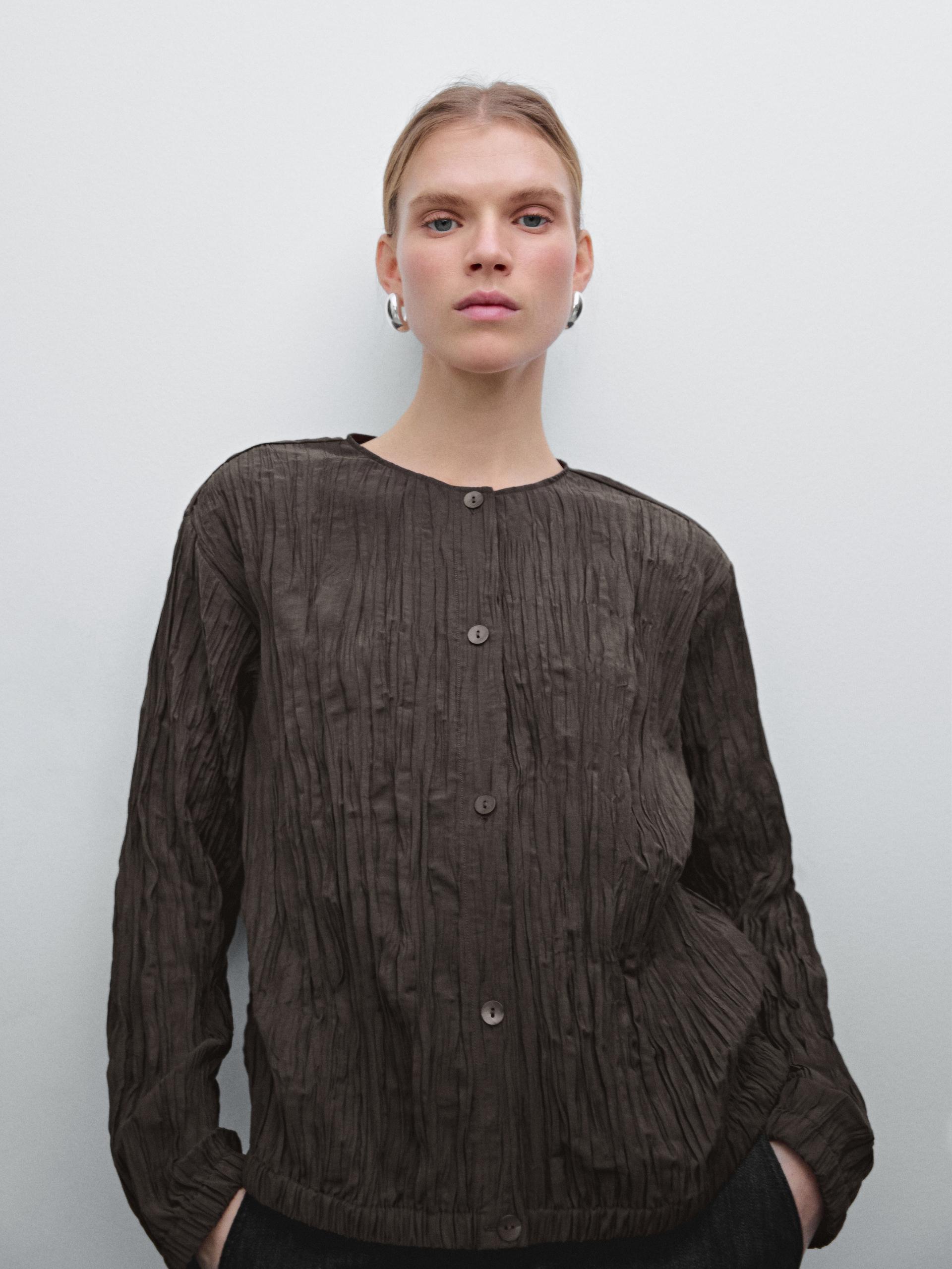 Chemisier Fluide Style Bomber Plissé - Marron - L - Massimo Dutti - Femme
