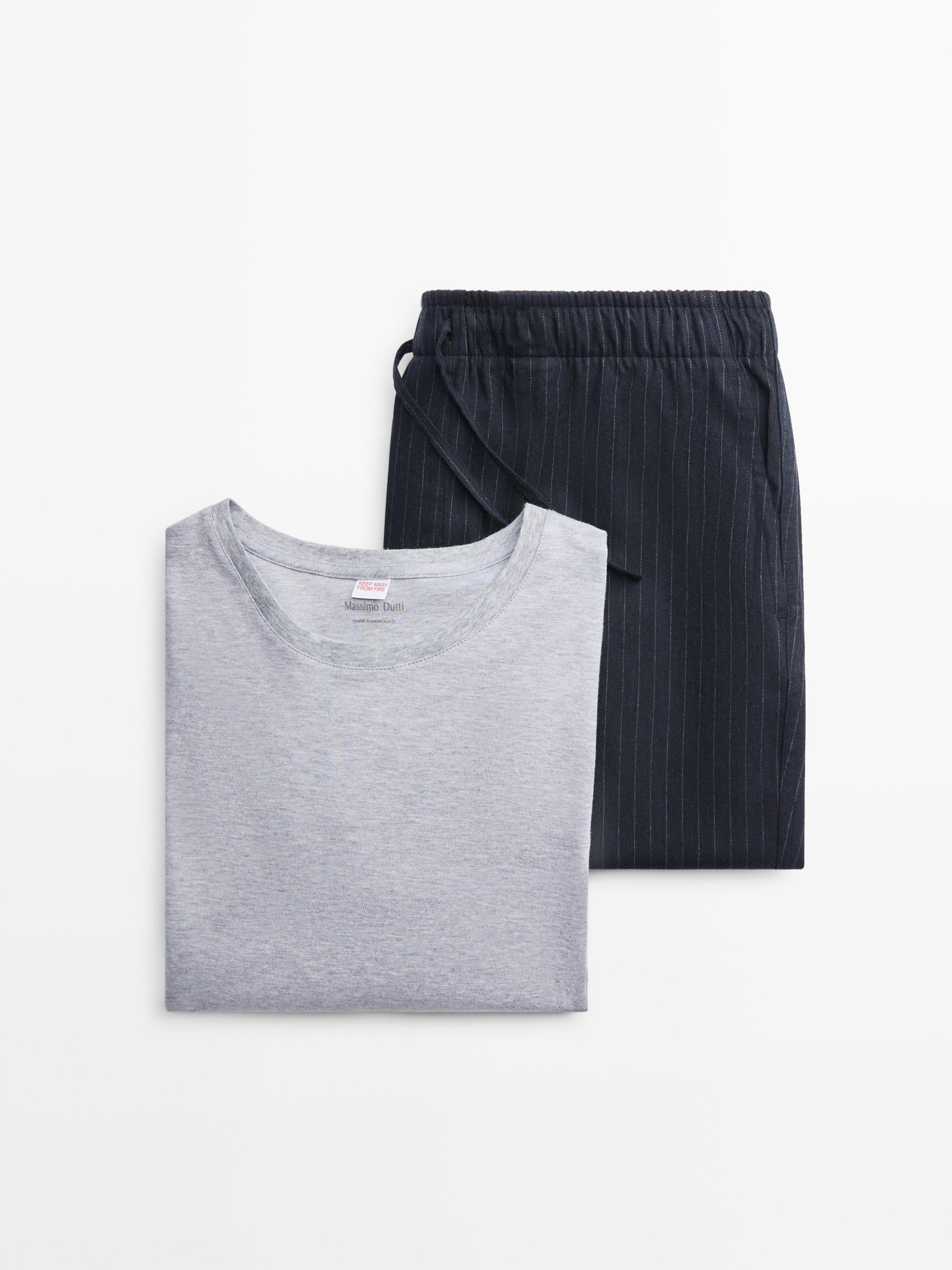 100% cotton striped pyjamas with long sleeve T-shirt — BLUE