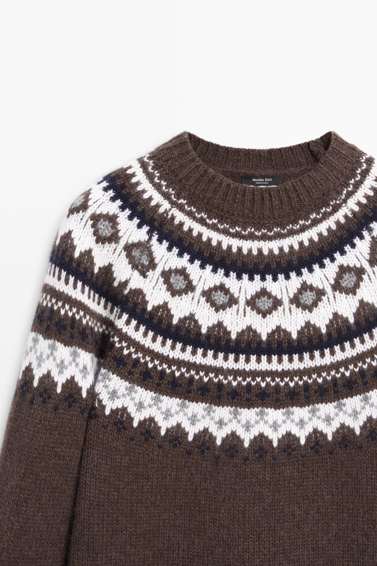 Wool blend jacquard knit sweater — BROWN