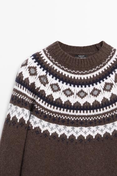 Wool blend jacquard knit sweater — BROWN 4