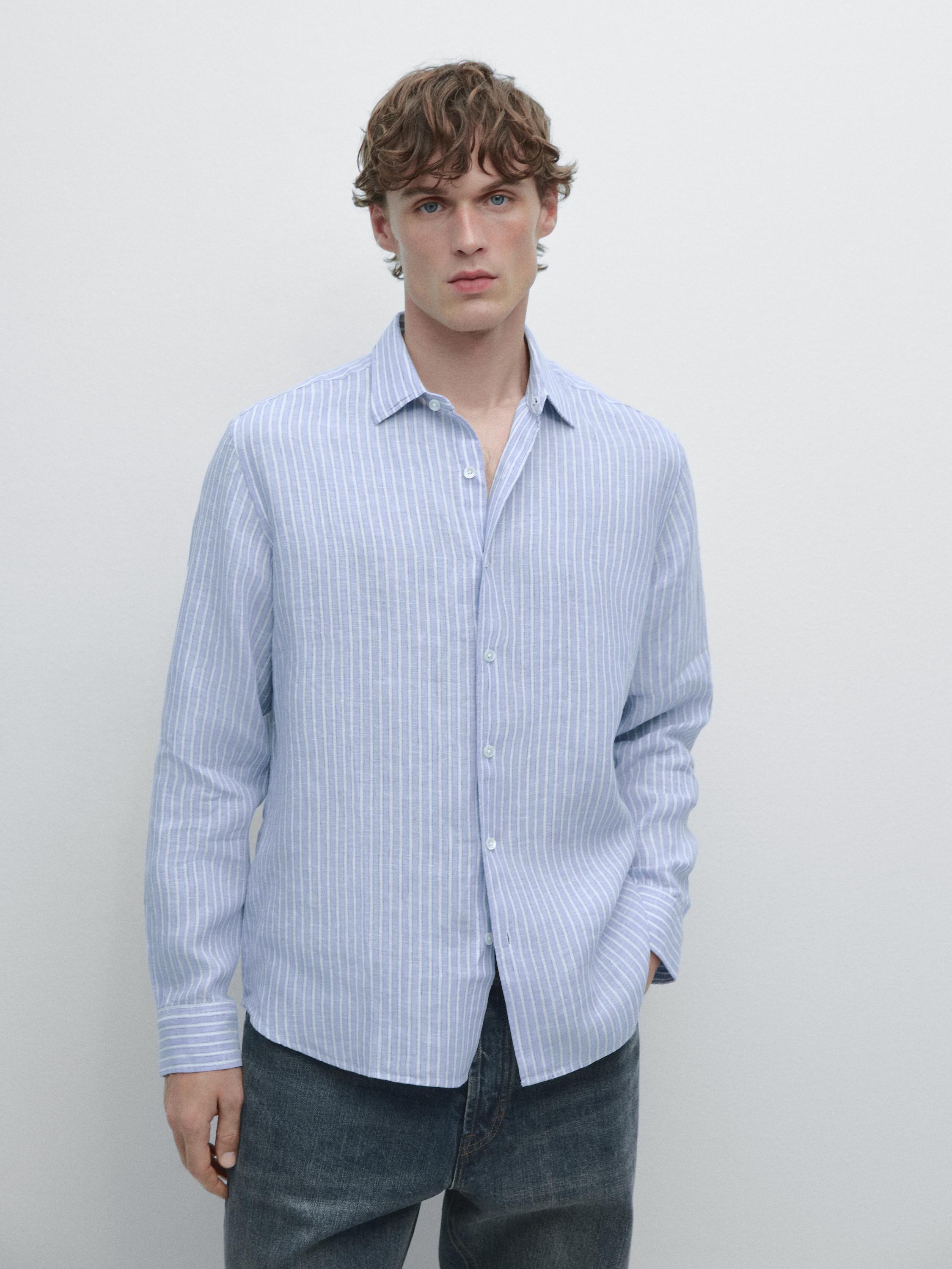 Regular fit striped linen shirt — Light Blue