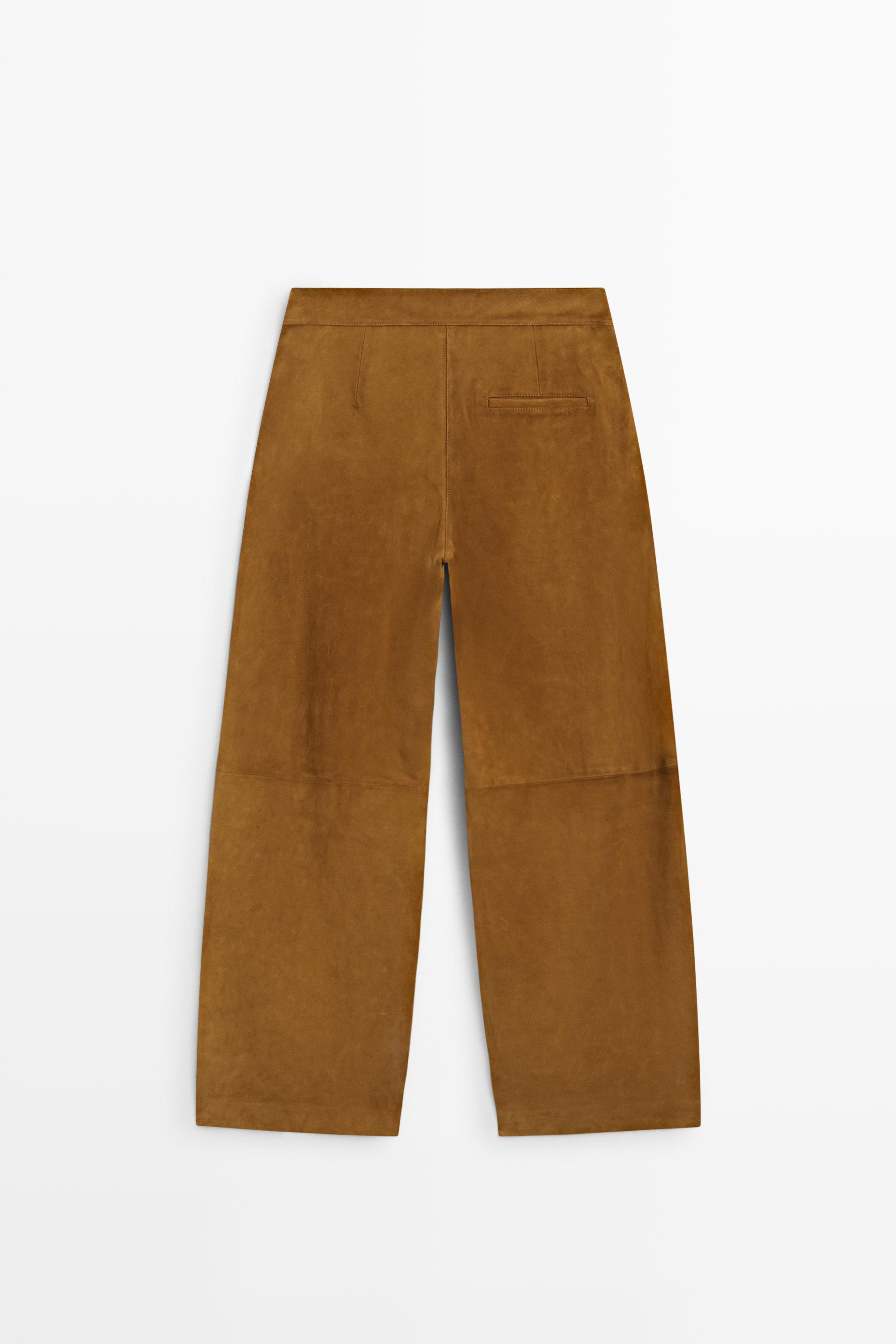 Suede goatskin barrel fit pants — DARK CAMEL