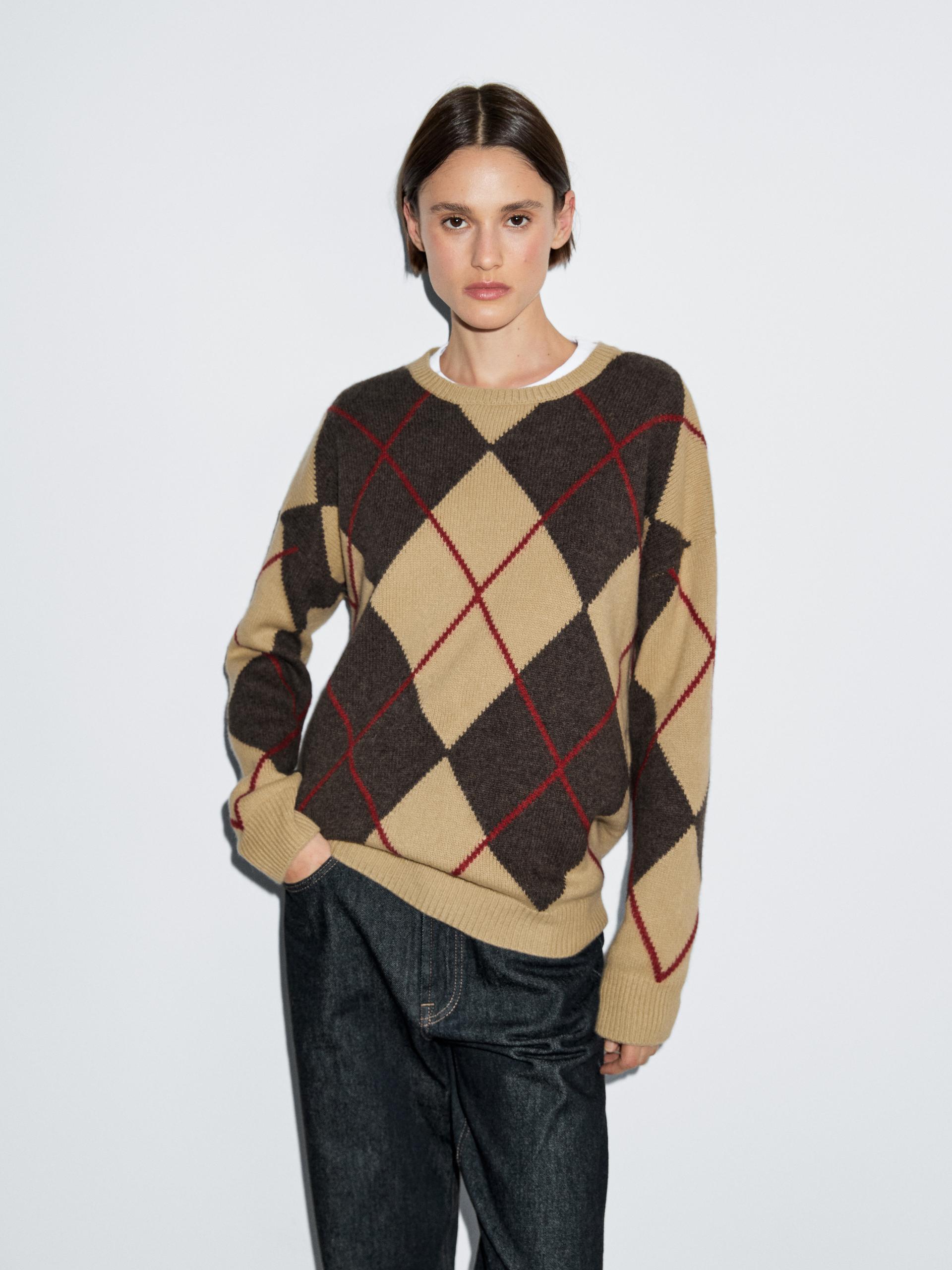 Jersey Punto Detalle Rombos Mezcla Lana - Camel - S - Massimo Dutti - Mujer