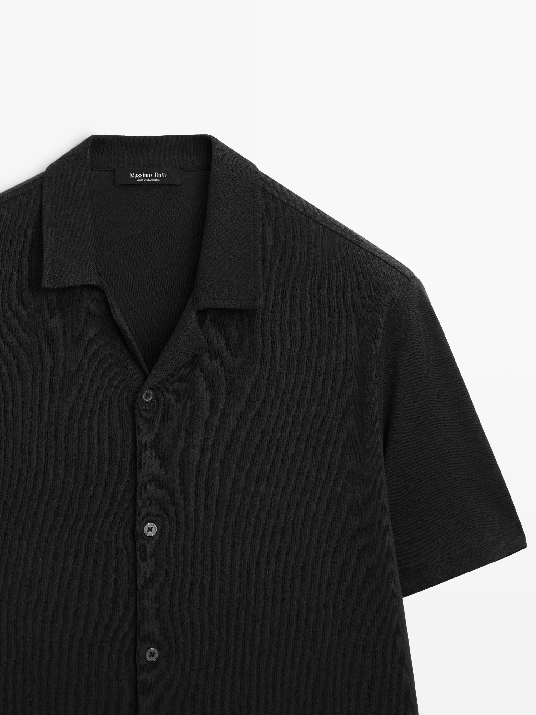 Regular fit short sleeve linen-cotton blend shirt — BLACK