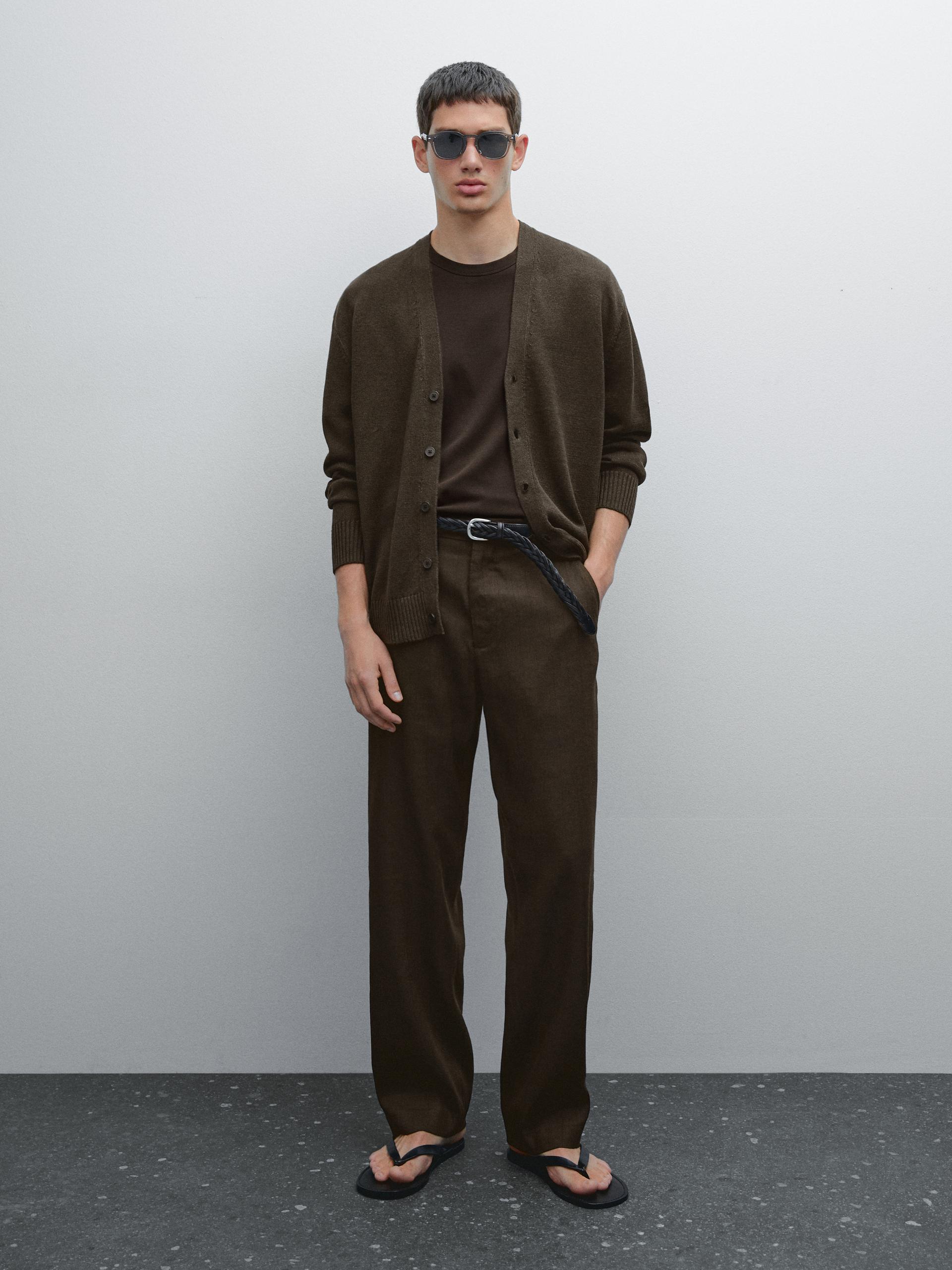 Linen Blend Knit Cardigan - Marron - S - Massimo Dutti - Homme