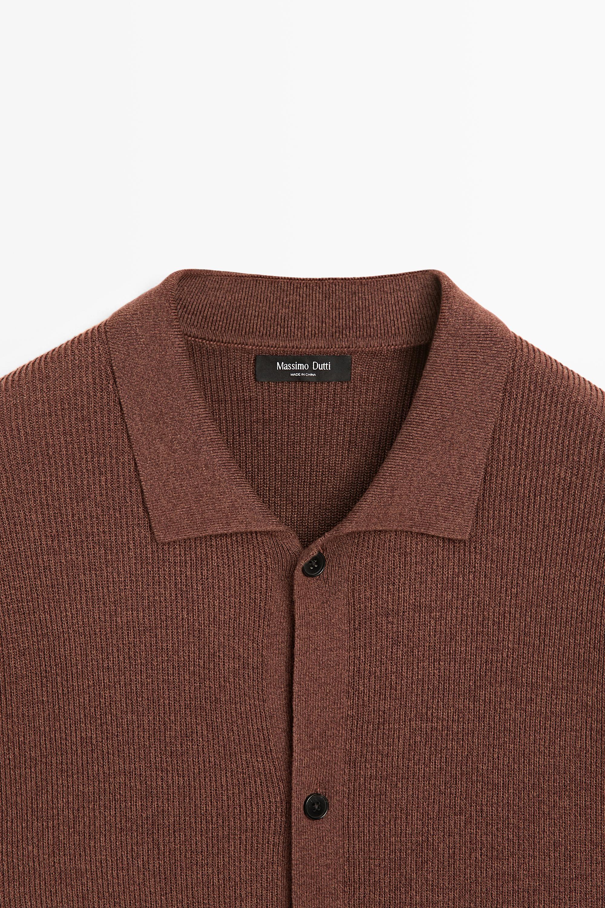 Linen blend knit shirt-collar polo — TERRA COTA