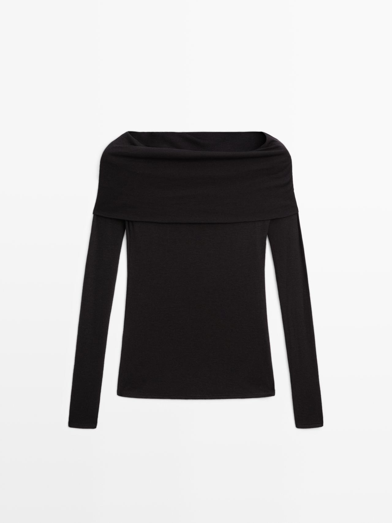 Massimo Dutti - Dames - Strapless T-Shirt Met Lange Mouw - Zwart - L