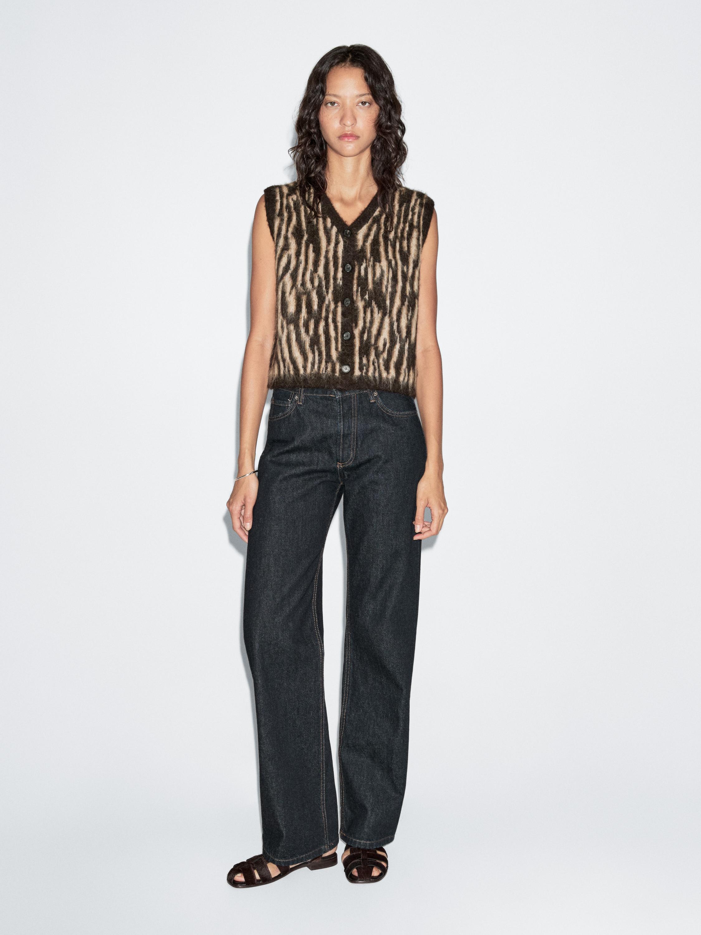 動物斑紋羊毛混紡針織背心