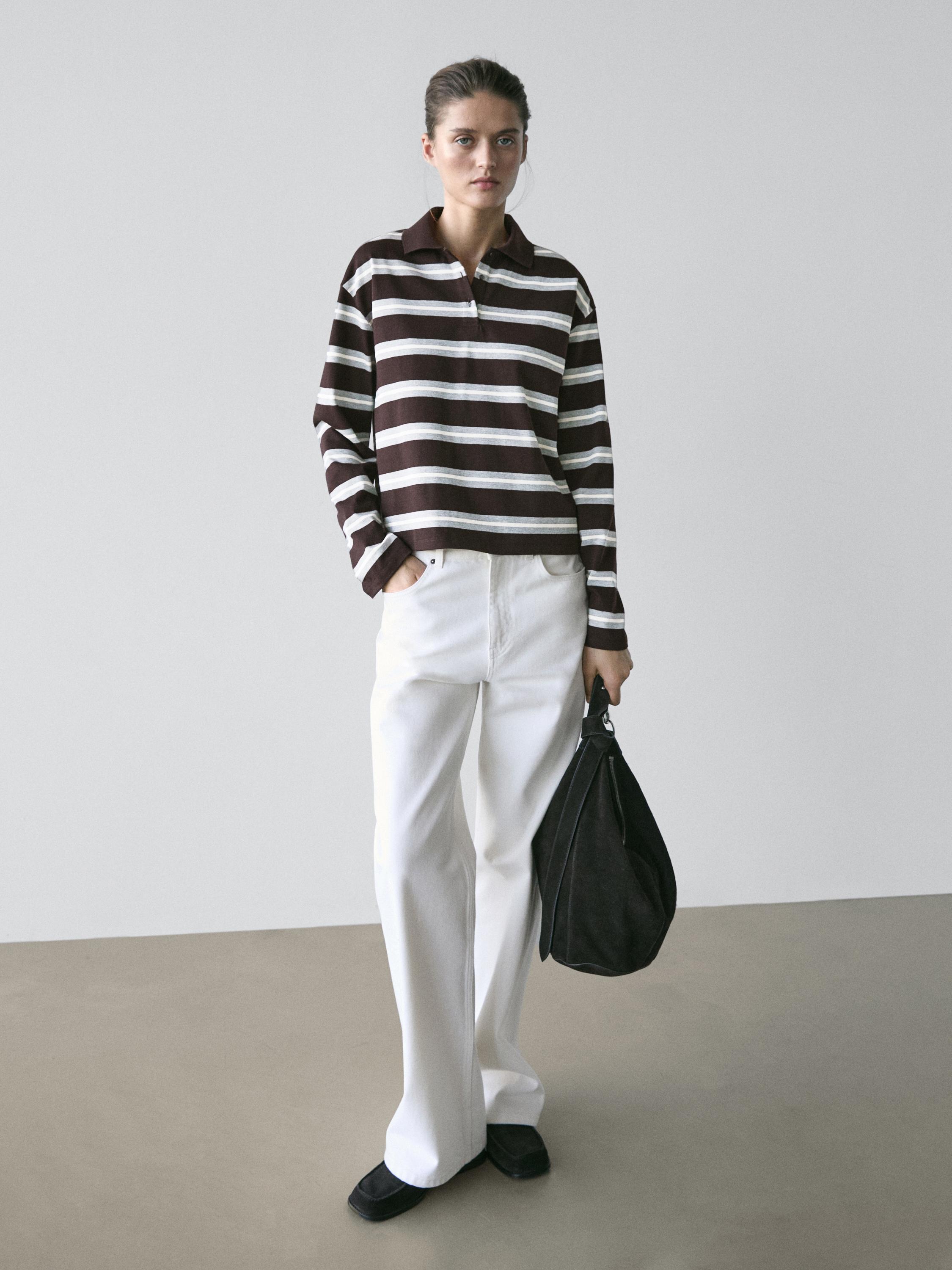 Striped long sleeve cotton polo shirt