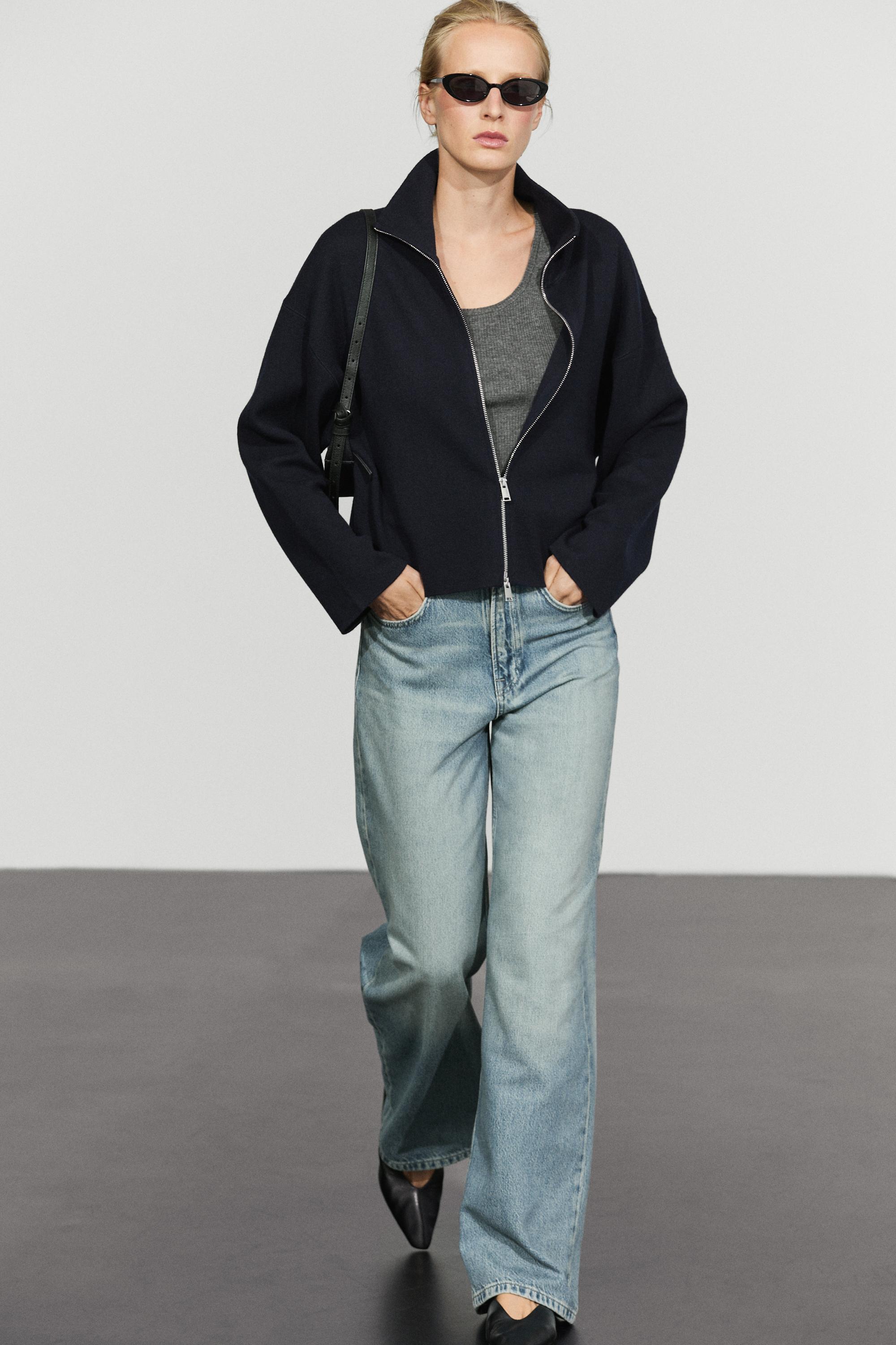 Cotton knit zip-up jacket — NAVY BLUE