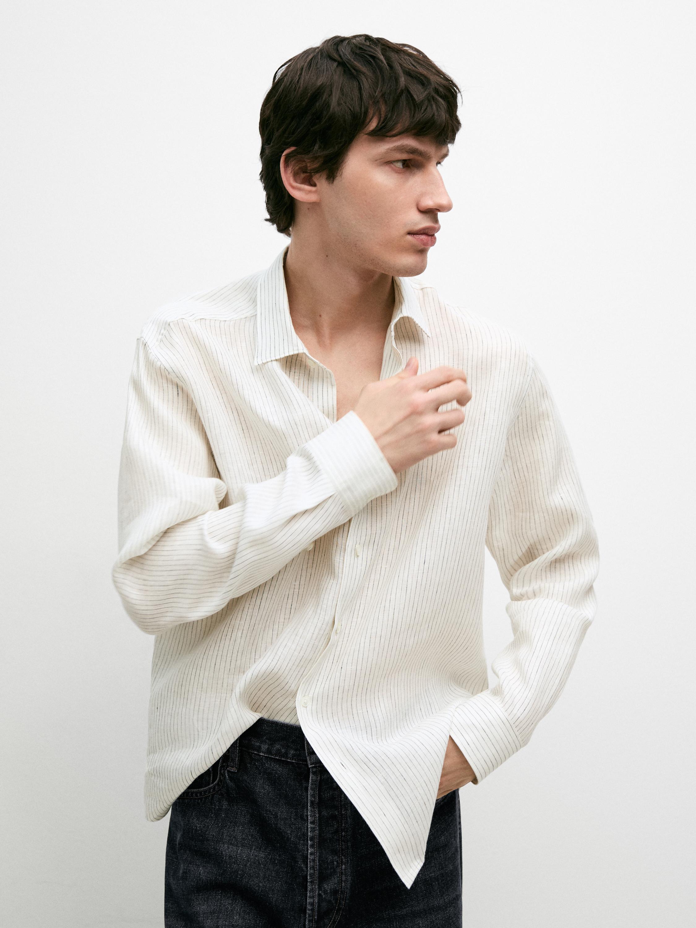Regular fit striped linen shirt — WHITE