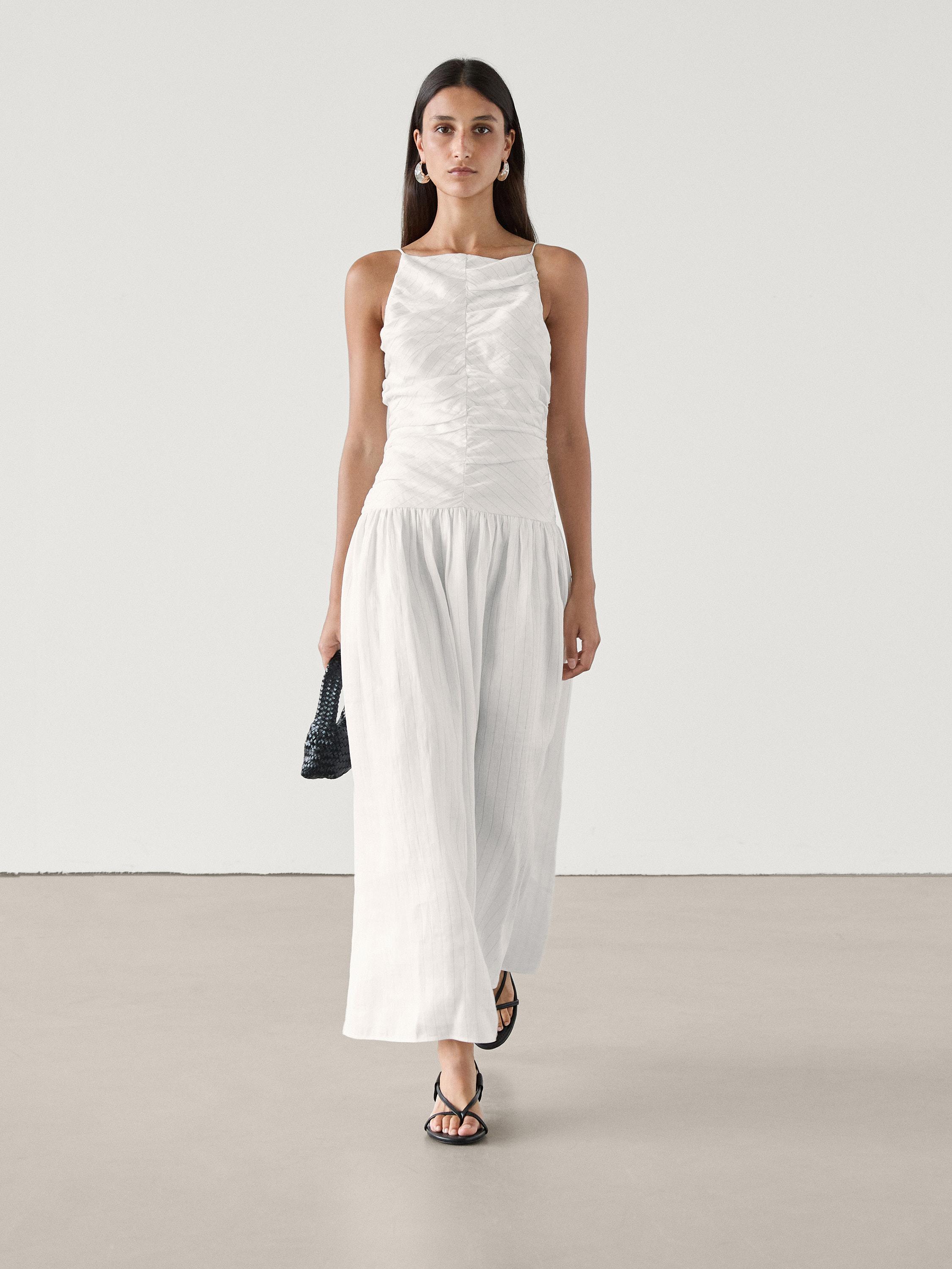 Gathered pinstripe midi dress