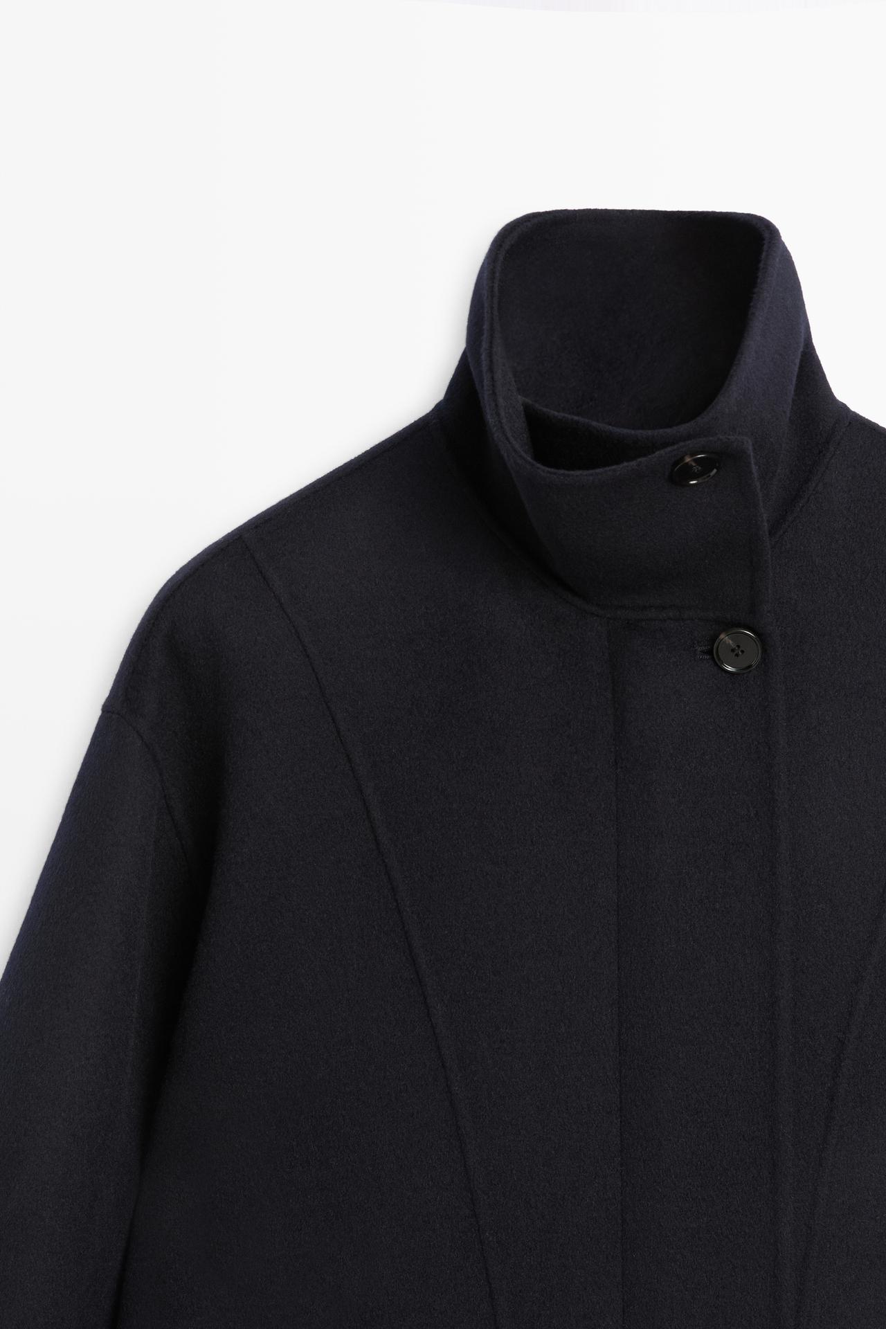 Long wool-blend coat with high collar — NAVY BLUE