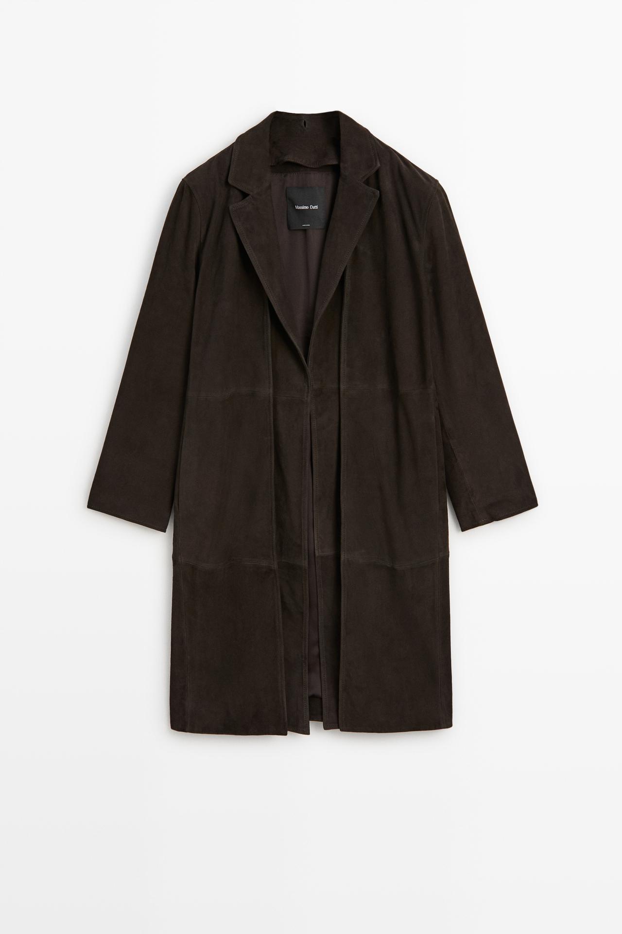 Suede coat with detachable collar — BROWN