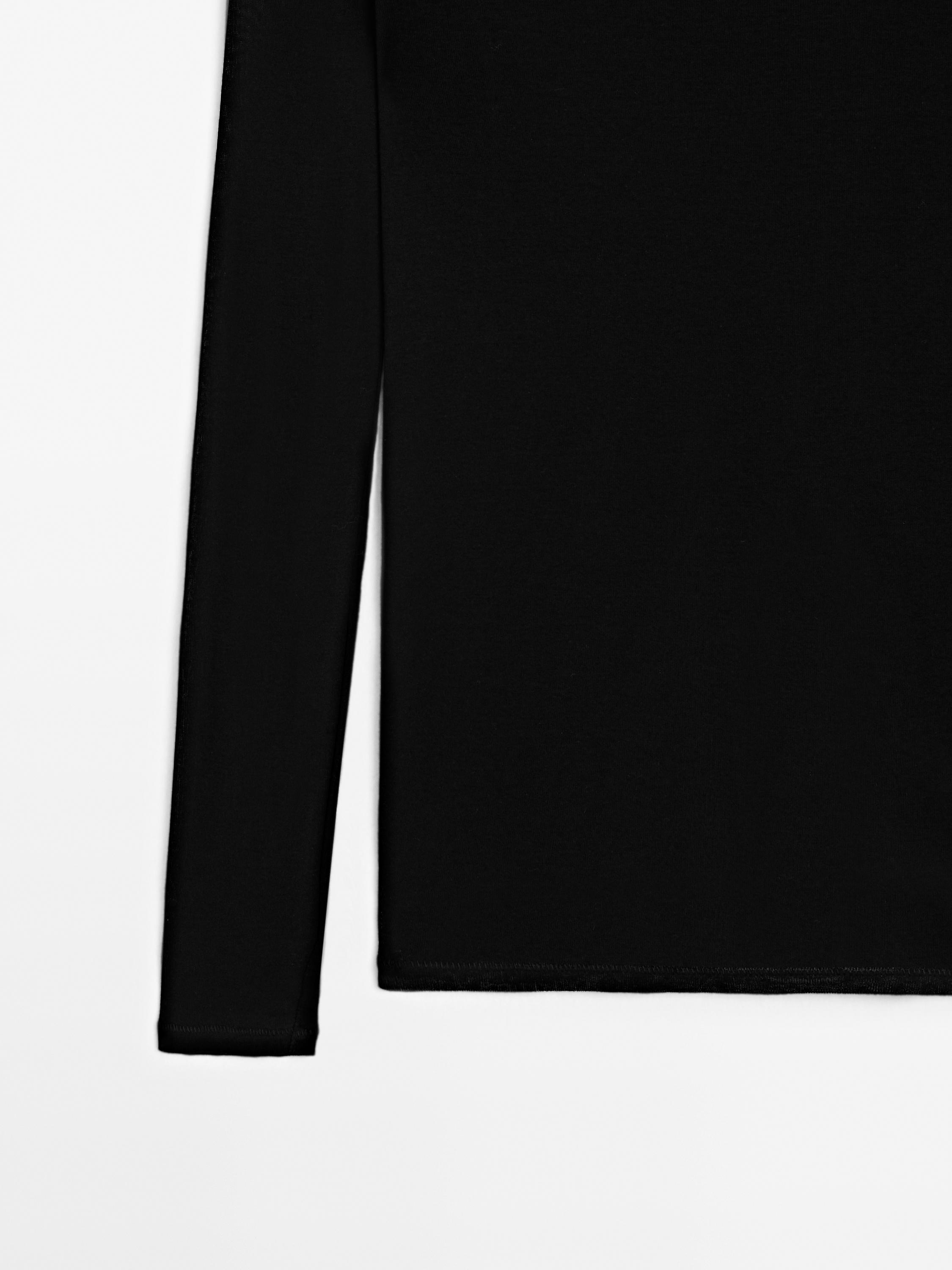 100% cotton semi-sheer T-shirt with collar detail — BLACK