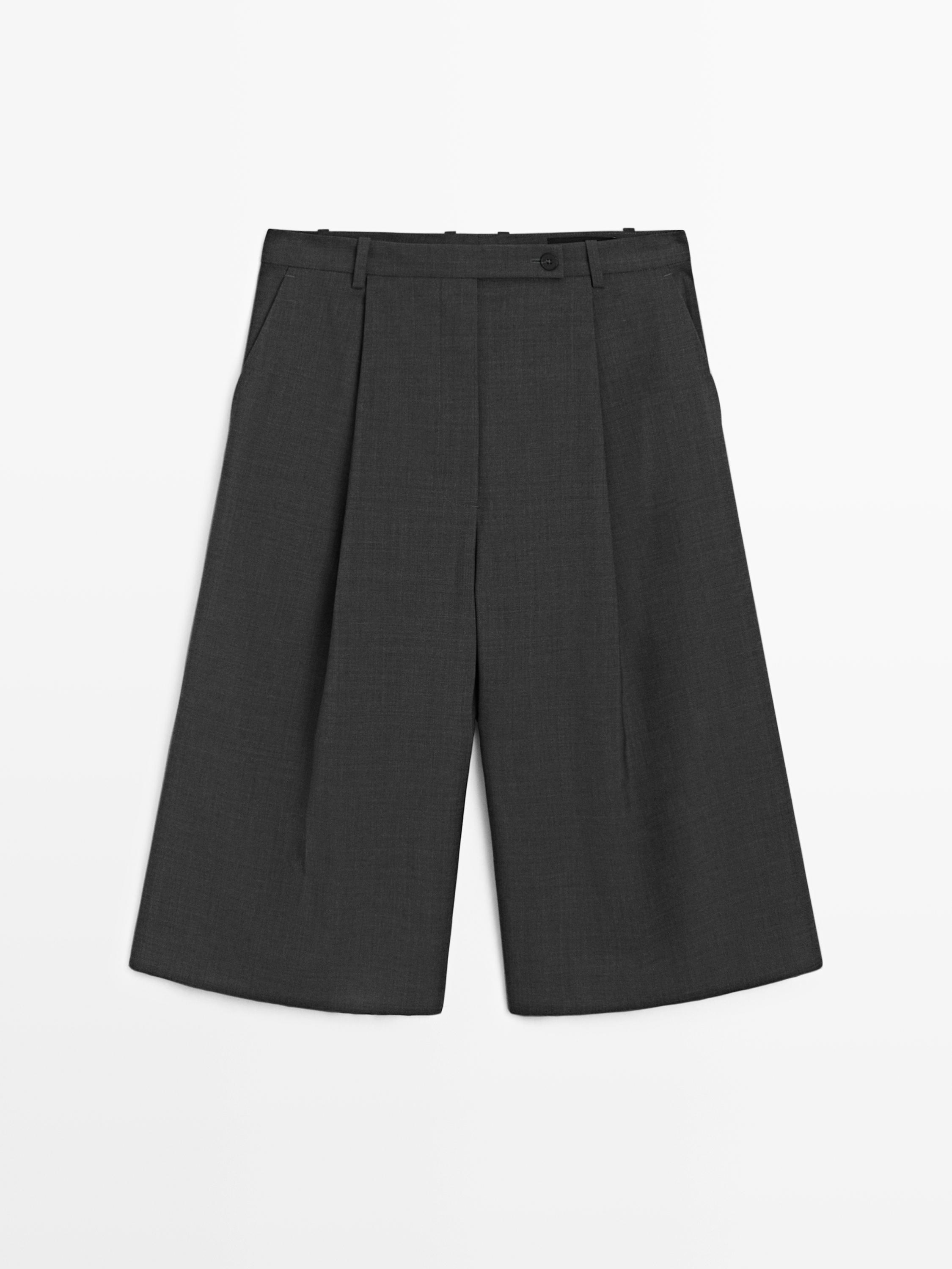 핀턱 디테일 롱 울 블렌드 버뮤다 팬츠