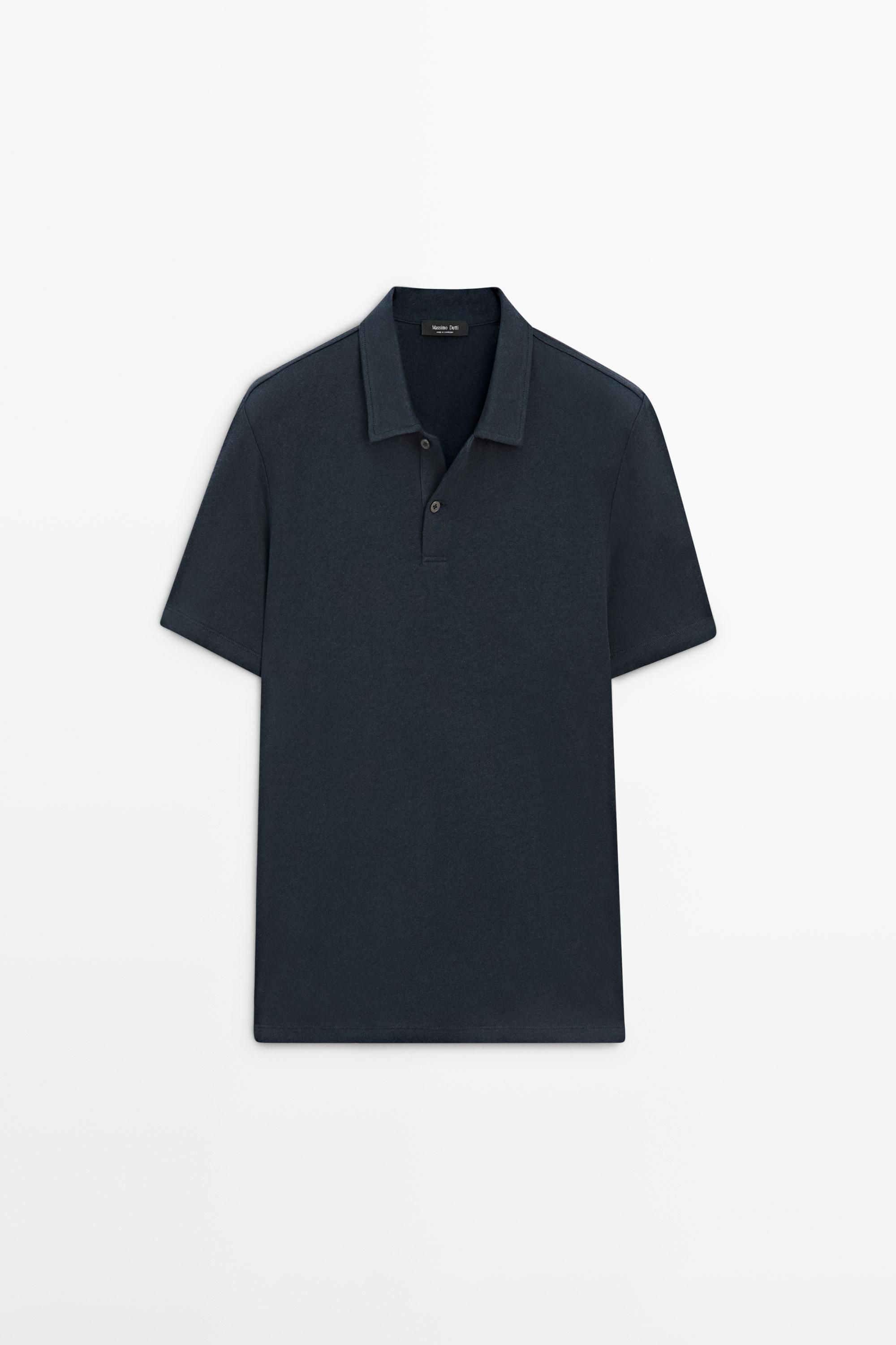 Linen and cotton short sleeve polo shirt — NAVY BLUE