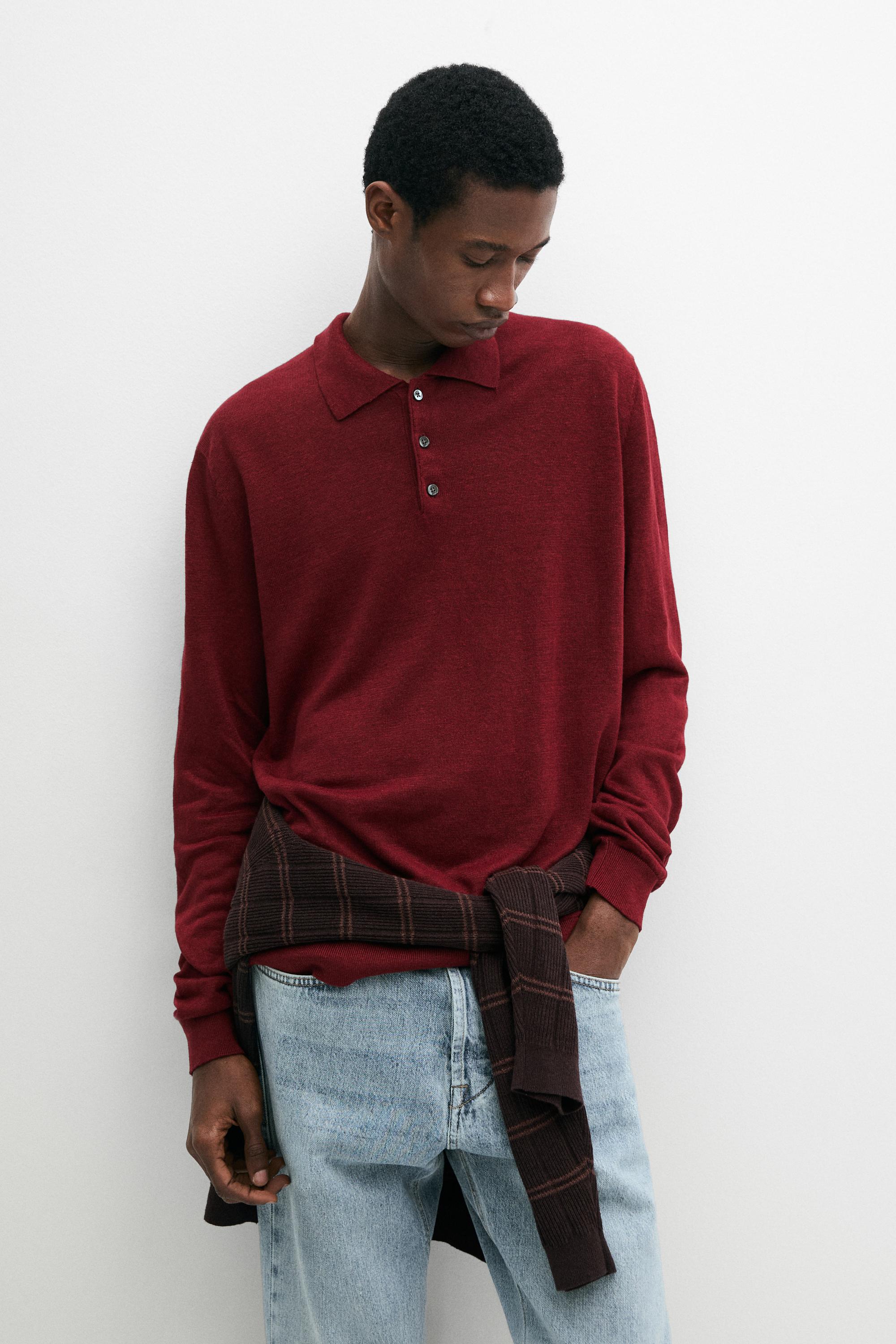 100% linen knit polo collar sweater — Wine Red