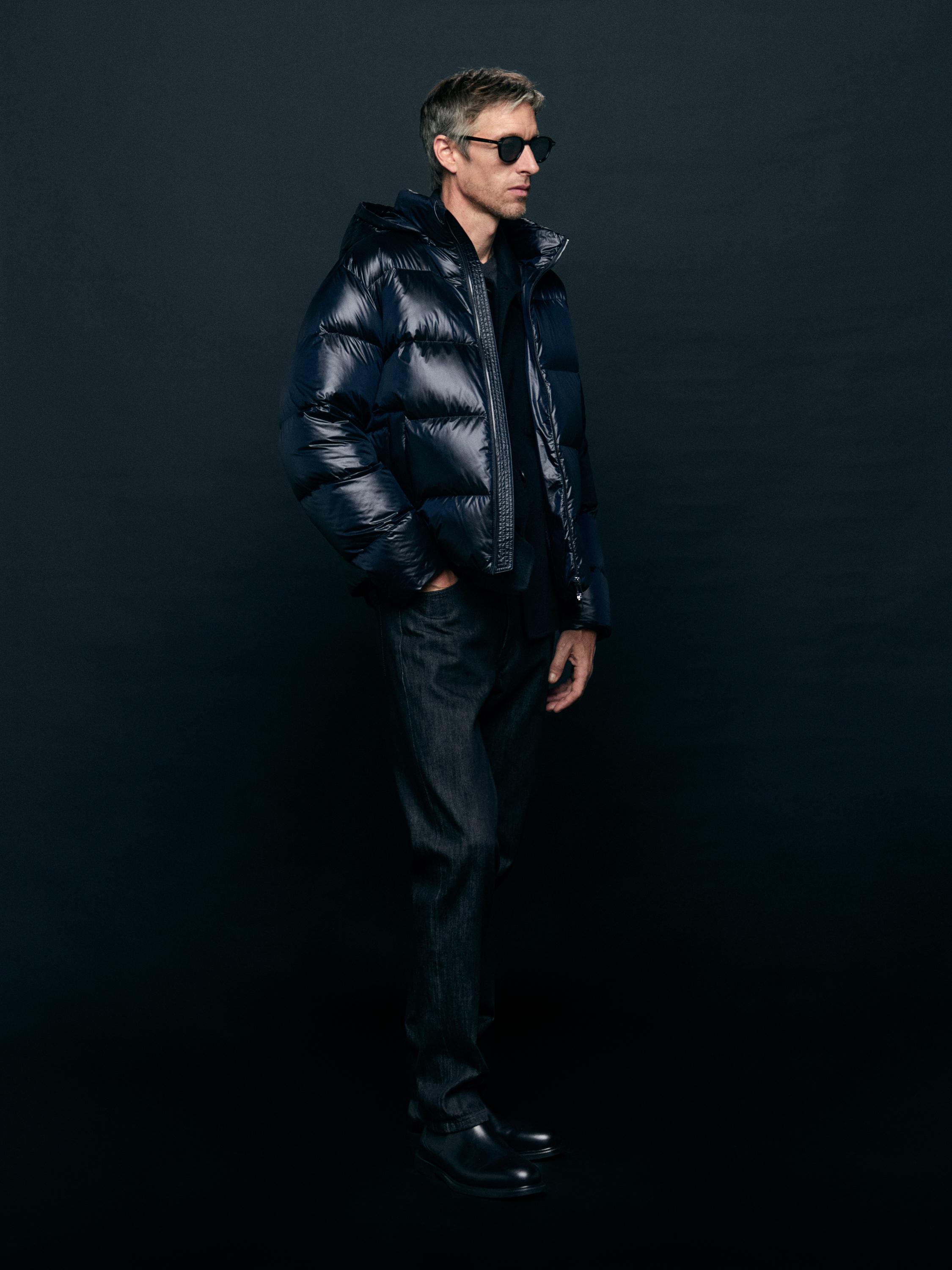Water-repellent satin puffer jacket