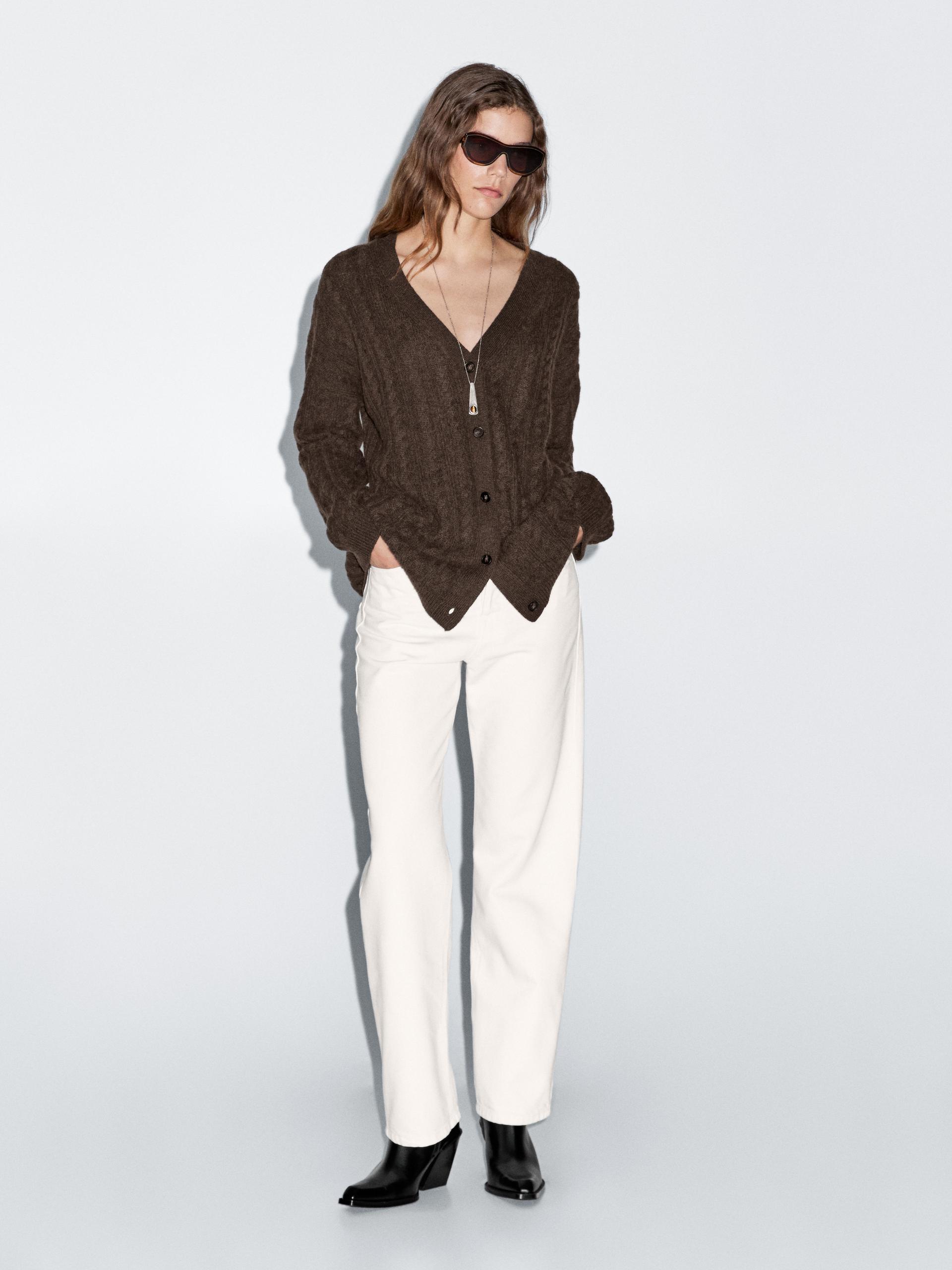 Cardigan En Maille Tressée De Laine Mélangée - Chocolat - L - Massimo Dutti - Femme