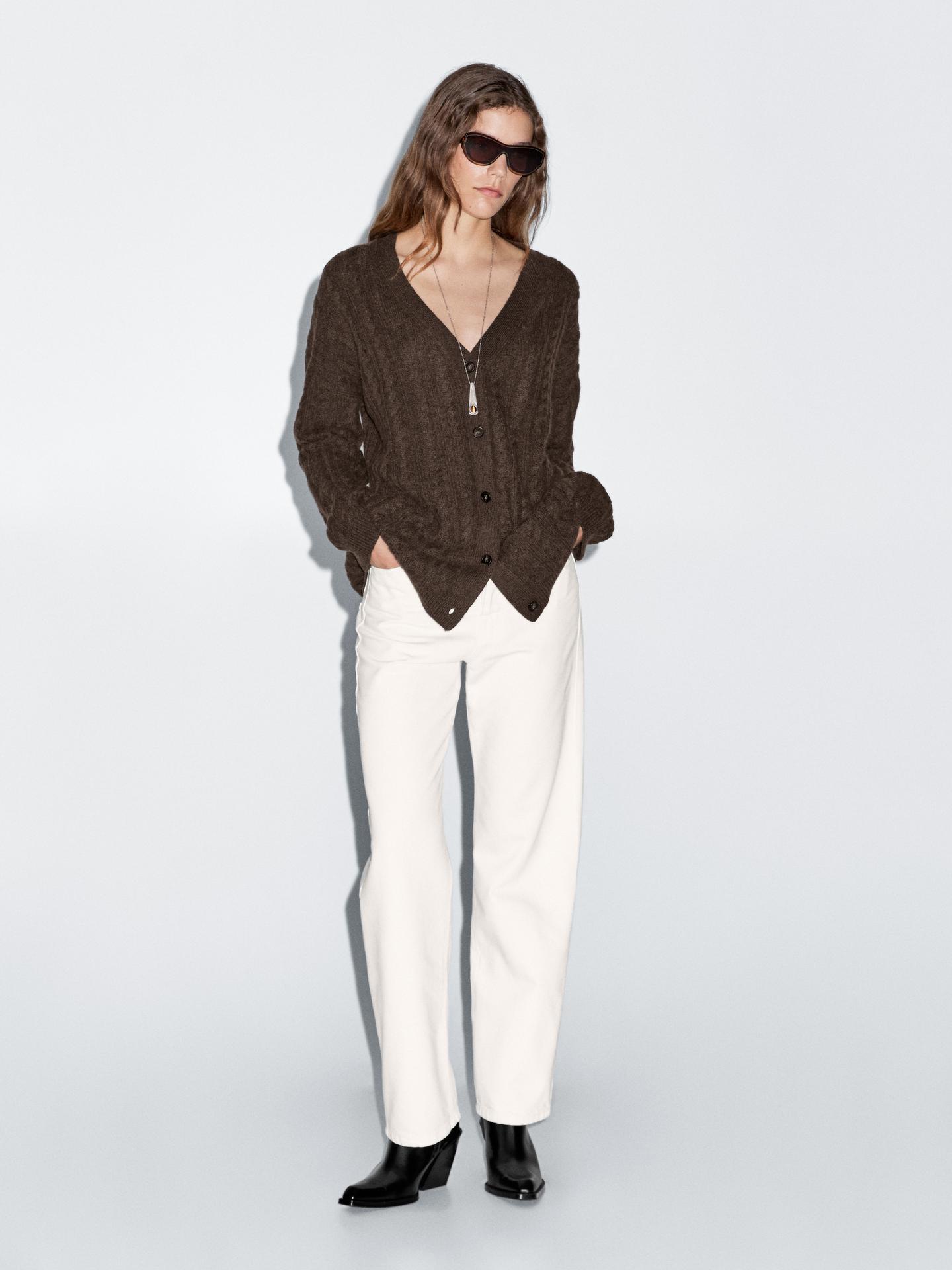 Gilet Mi-long Massimo Dutti - Laine, Cachemire, Angora - Bordure Cuir Véritable - Taille S (convient 42/44) - Occasion Très Bon état