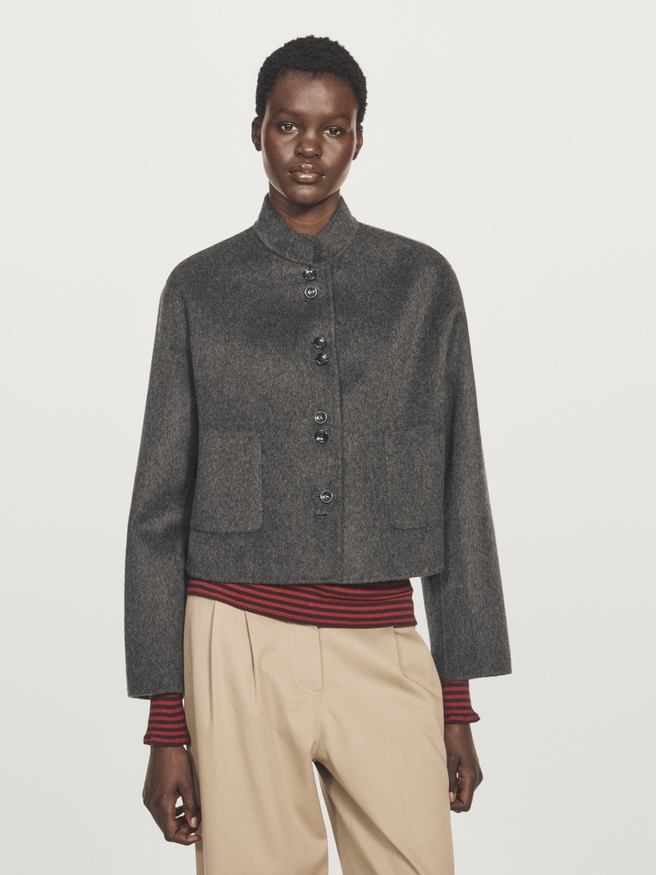 Short double-breasted wool blend jacket