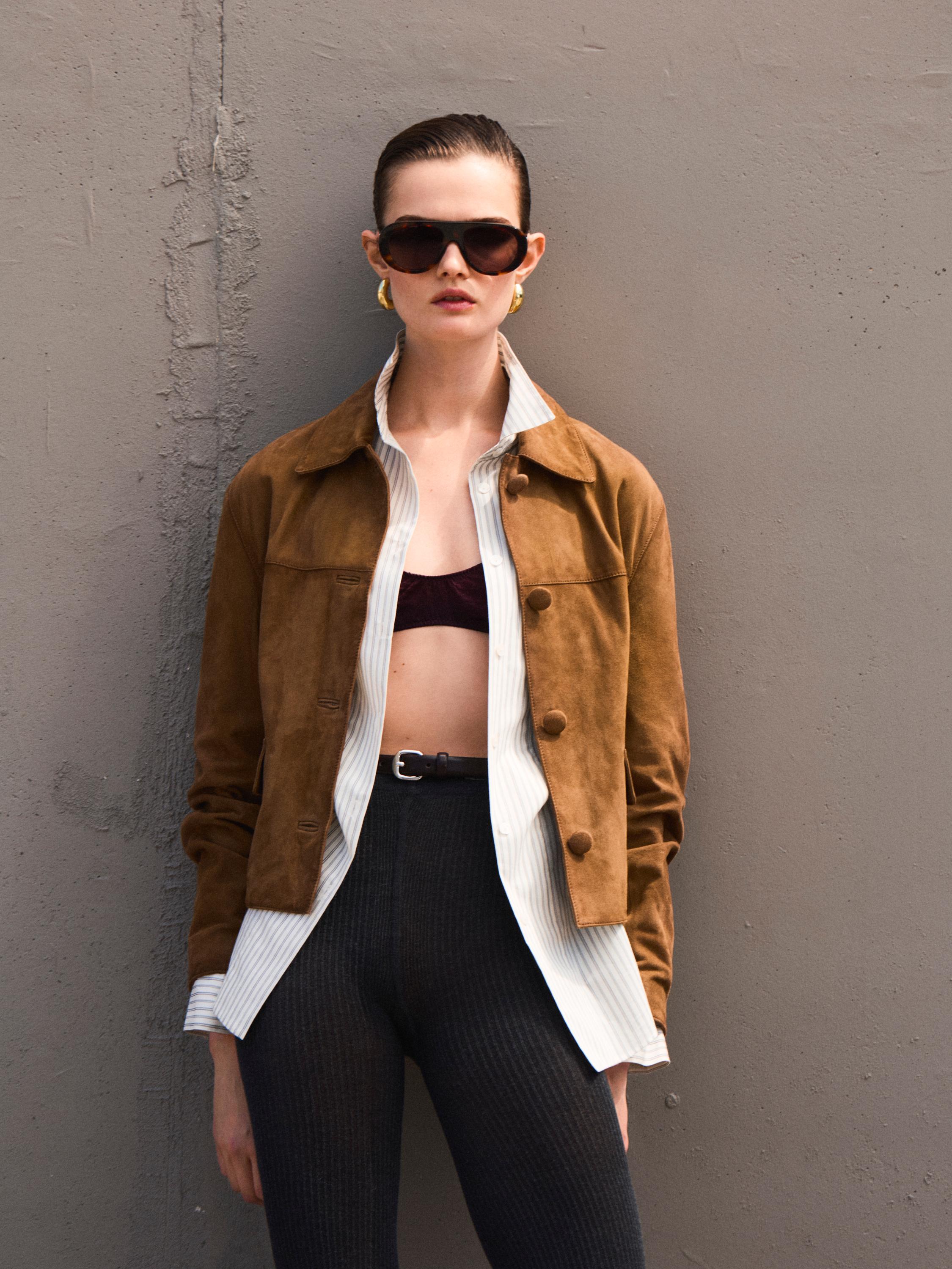 Suede leather jacket with lined buttons