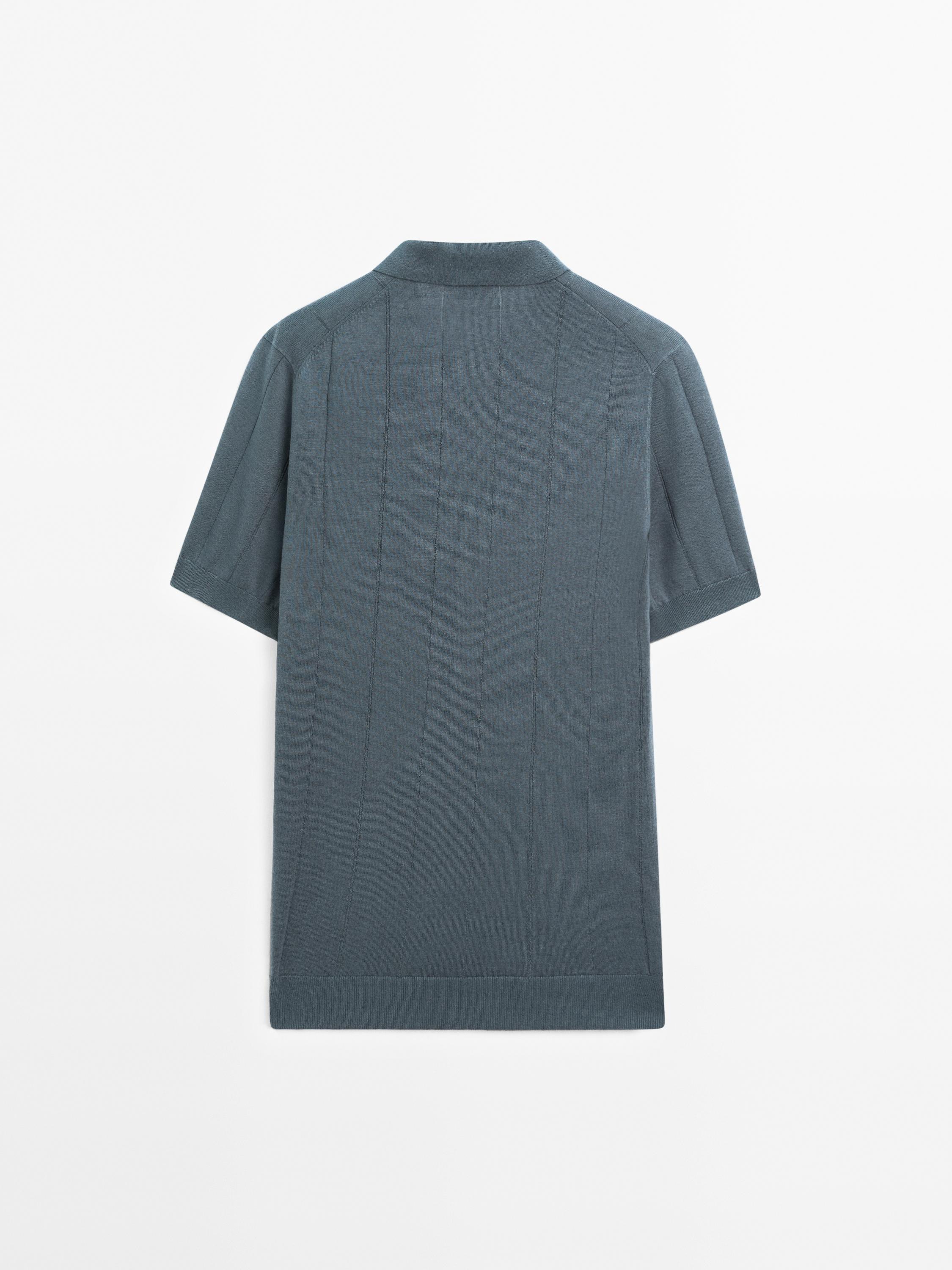 Striped linen blend knit polo shirt