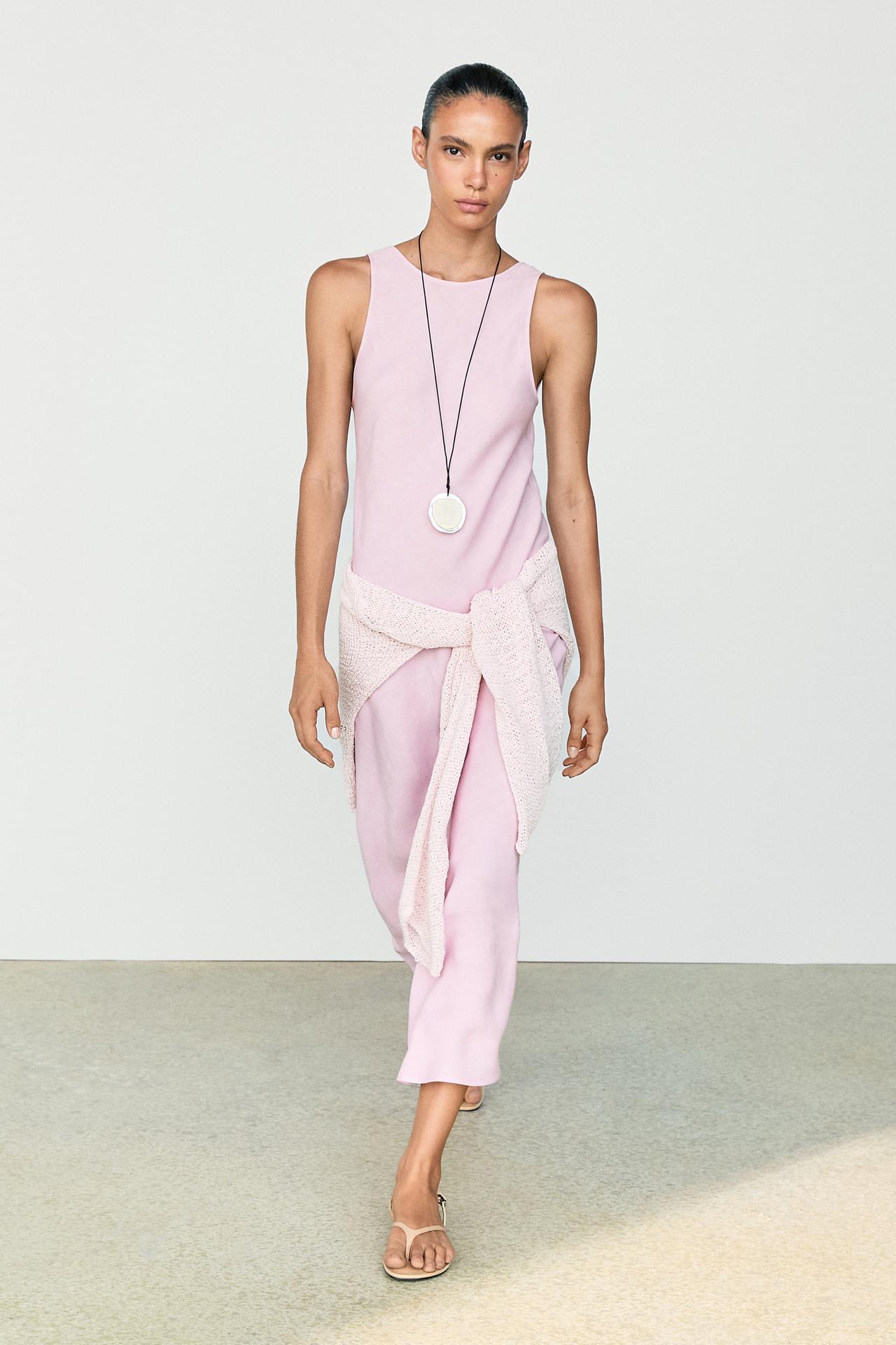 Flowing linen-blend midi dress — PASTEL PINK