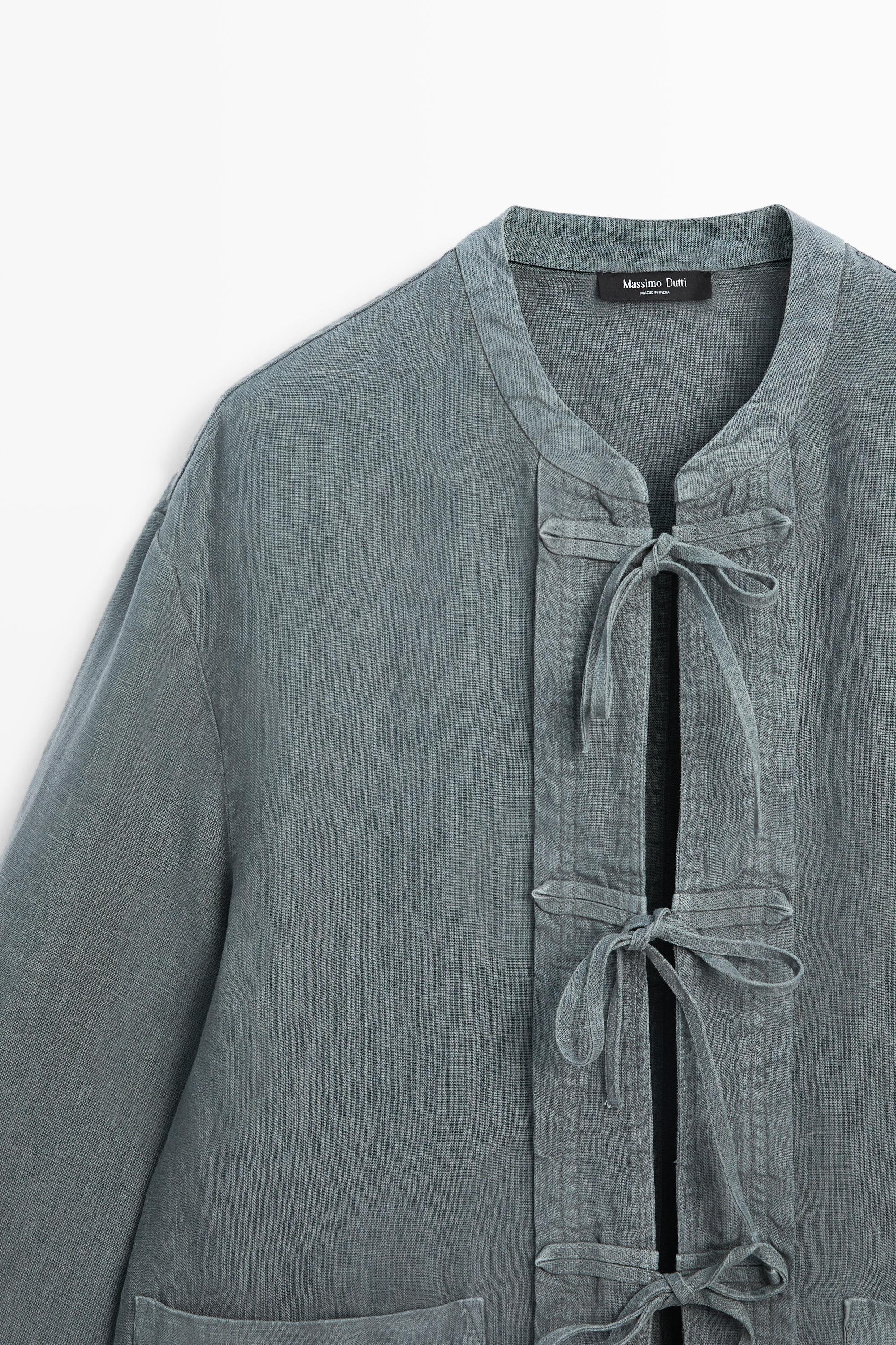 100% linen kimono with bows — BLUE