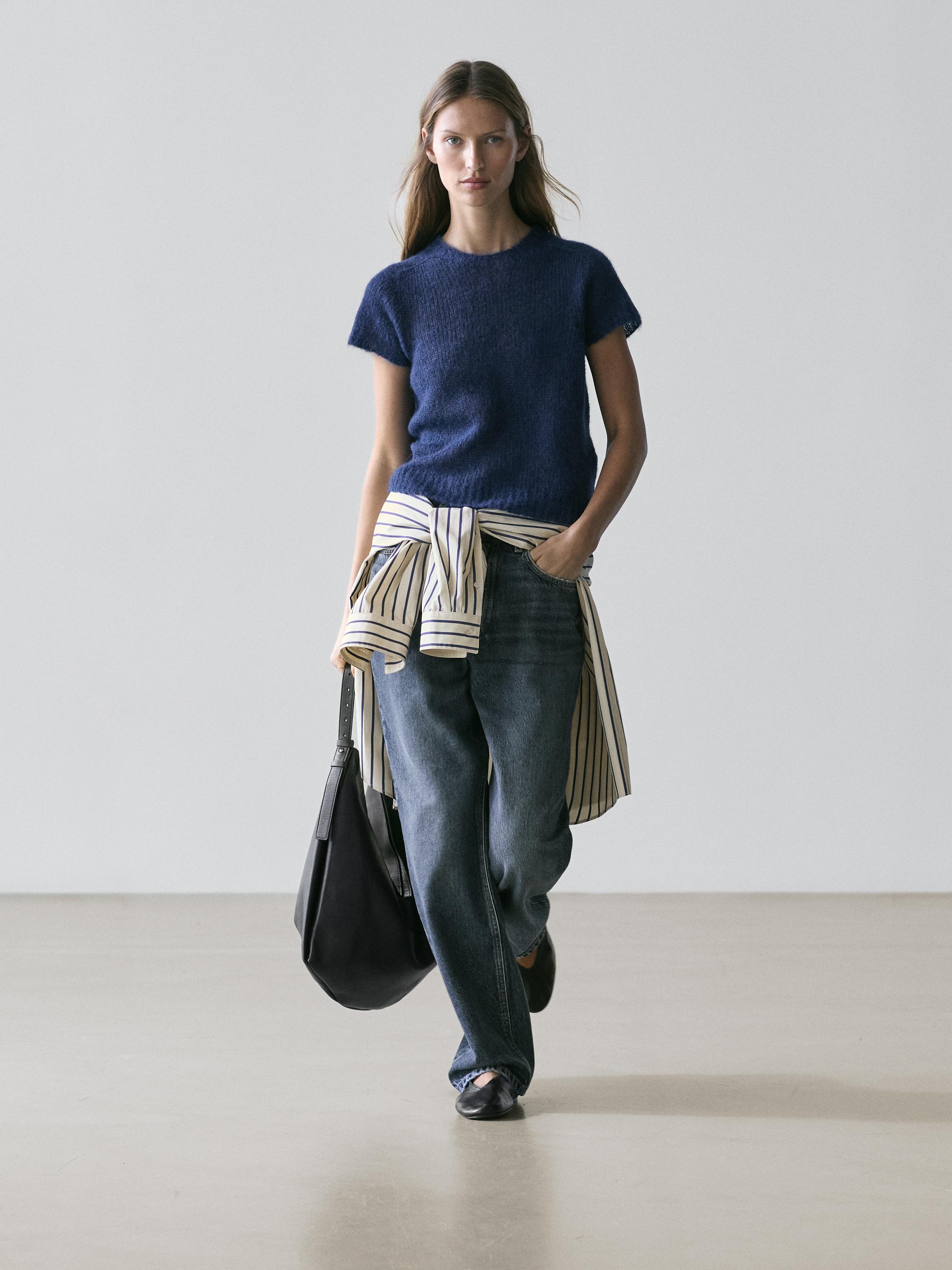 Short sleeve knit alpaca blend sweater — Dark Blue